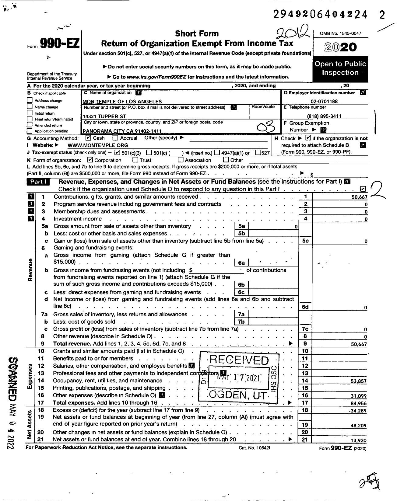 Image of first page of 2020 Form 990EZ for Mon Temple of Los Angeles