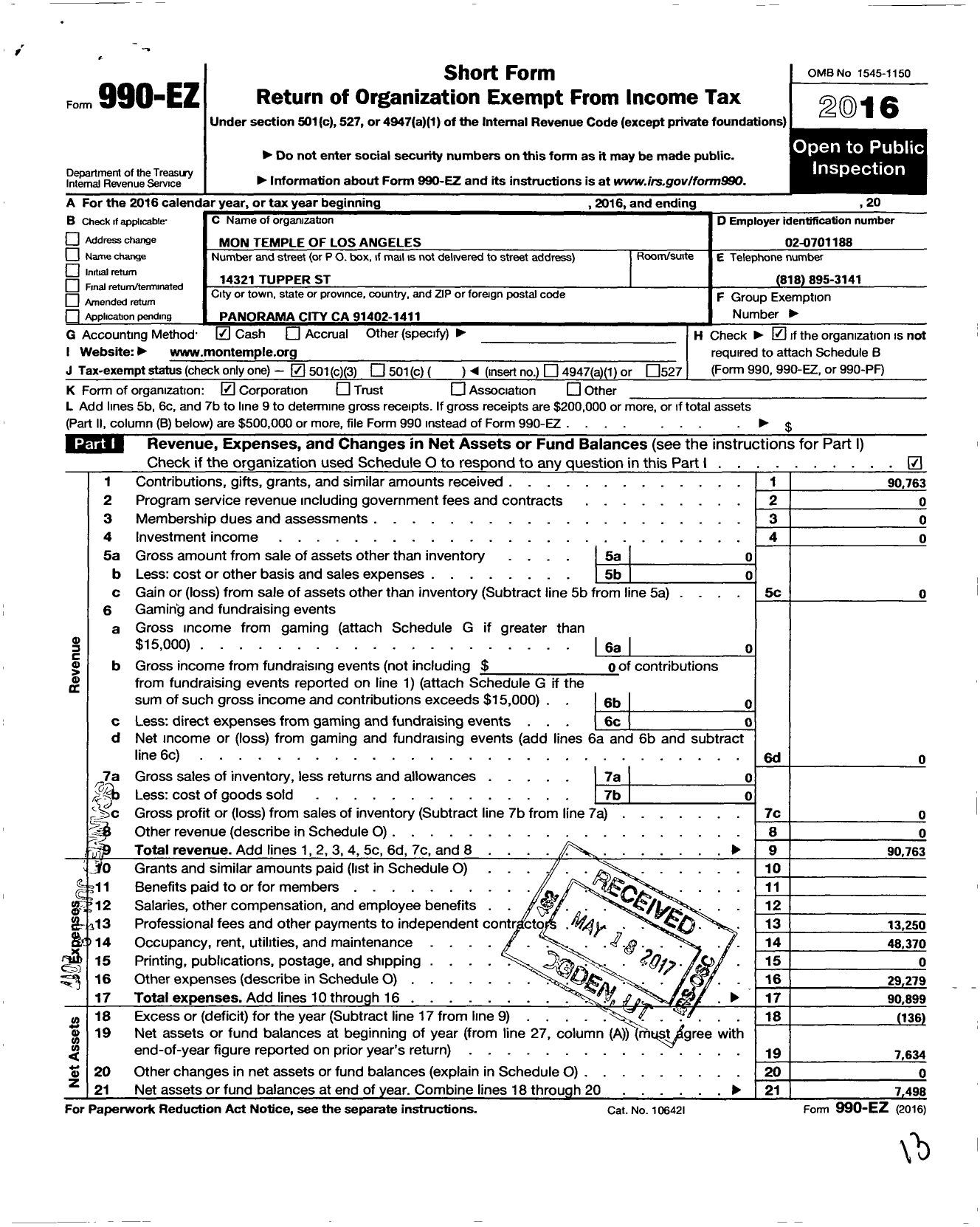 Image of first page of 2016 Form 990EZ for Mon Temple of Los Angeles