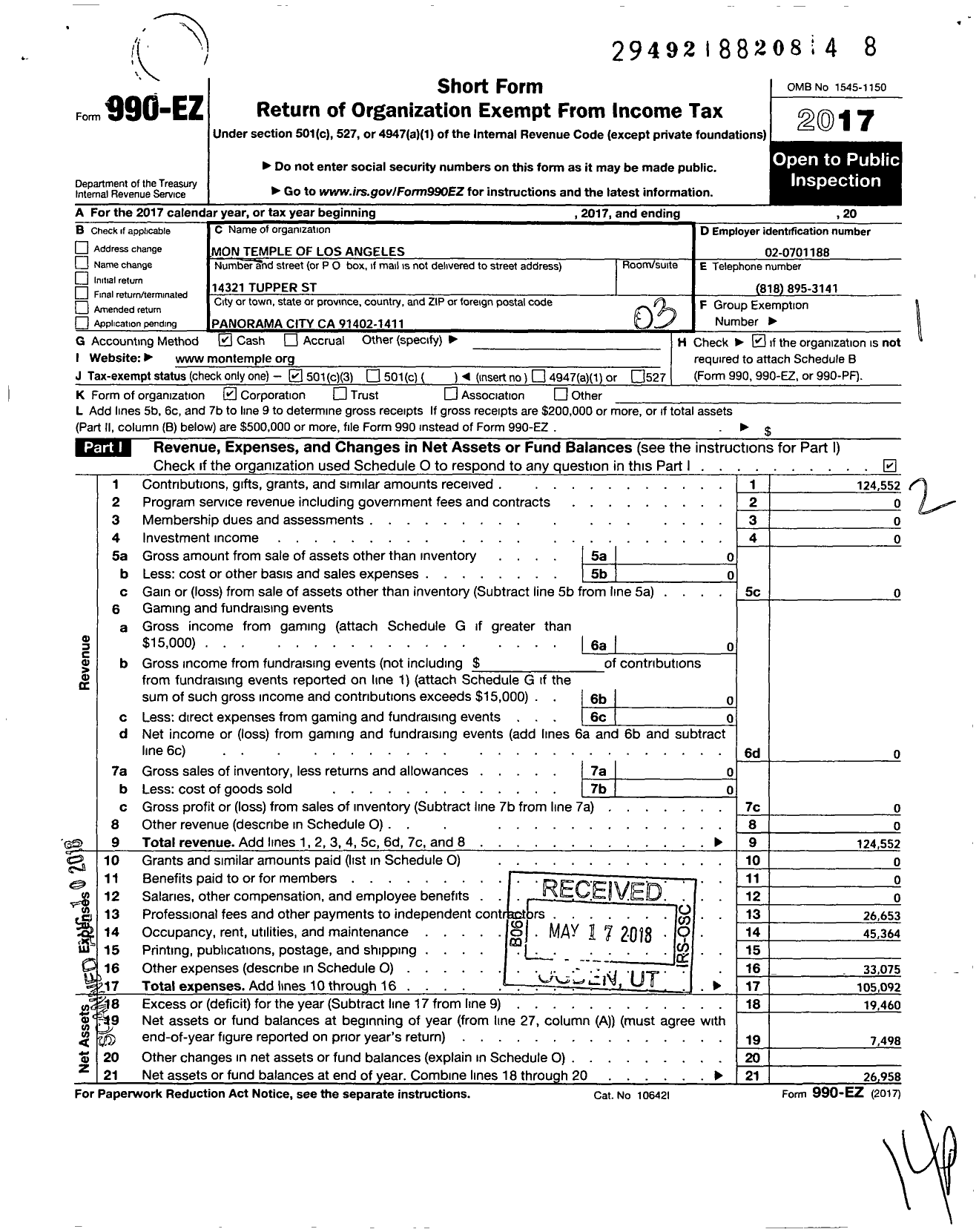 Image of first page of 2017 Form 990EZ for Mon Temple of Los Angeles