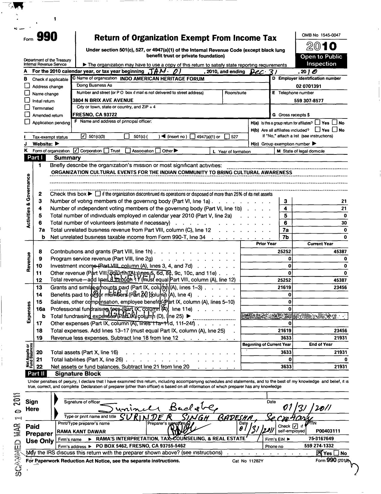 Image of first page of 2010 Form 990 for Indo American Heritage Forum