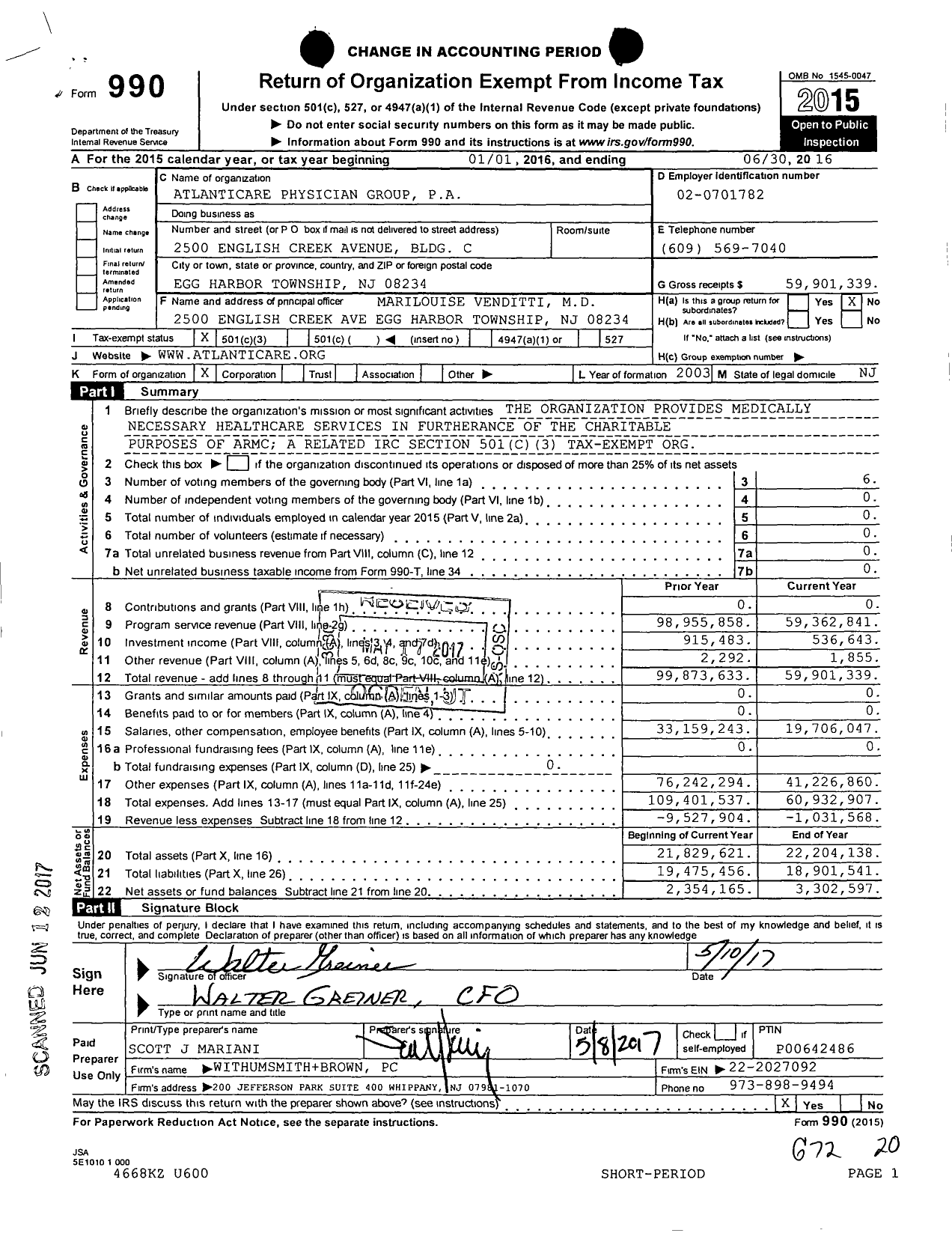 Image of first page of 2015 Form 990 for Atlanticare Physician Group Pa