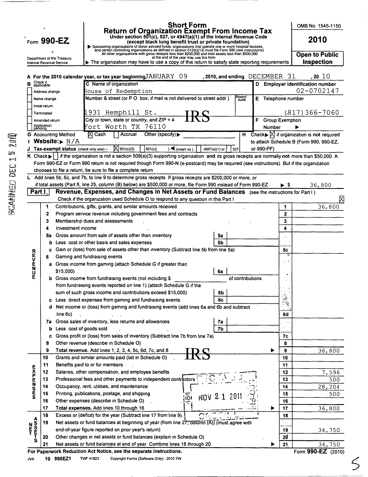 Image of first page of 2010 Form 990EZ for House of Redemption Carolyn Edwards