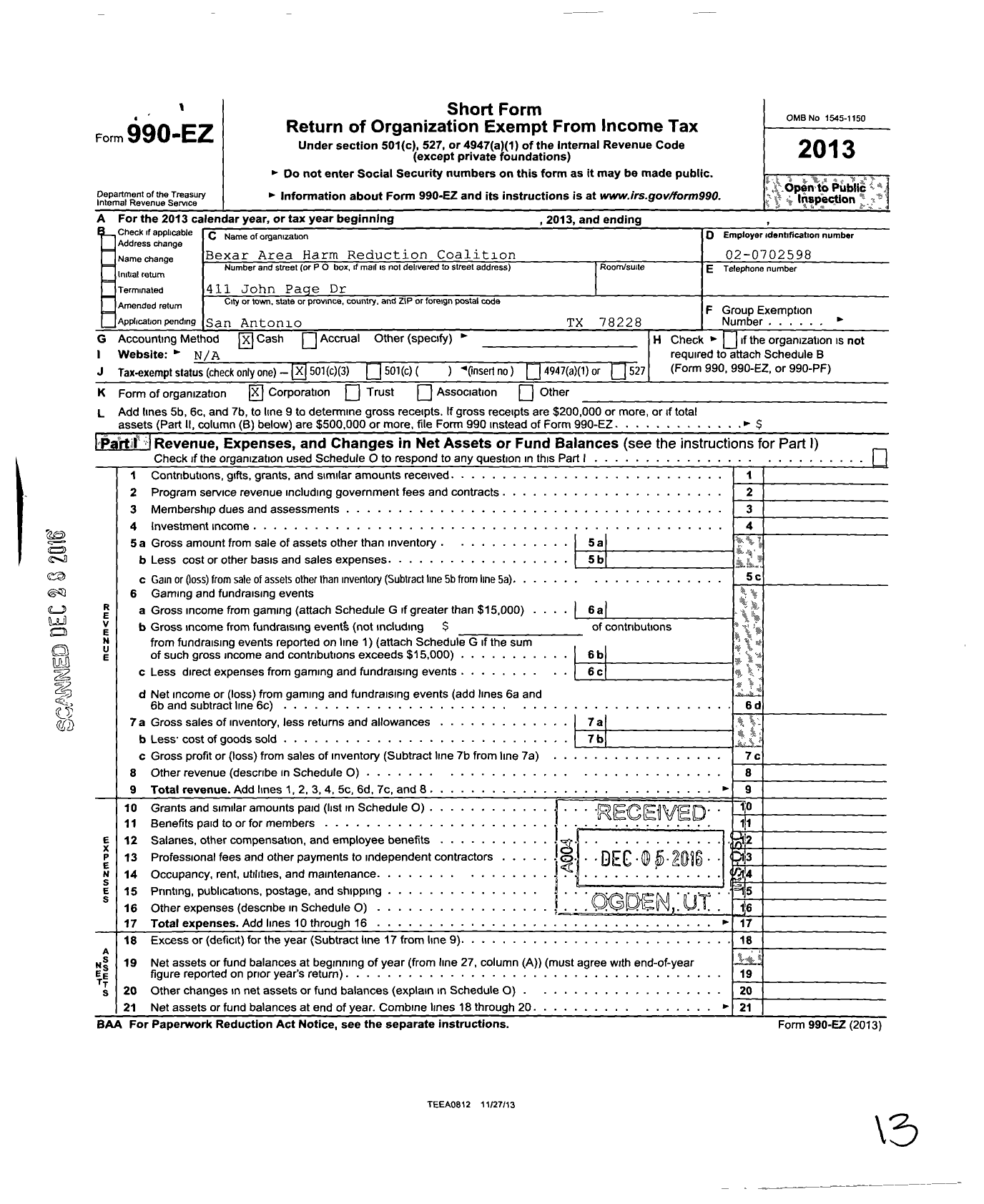 Image of first page of 2013 Form 990EZ for Bexar Area Harm Reduction Coalition