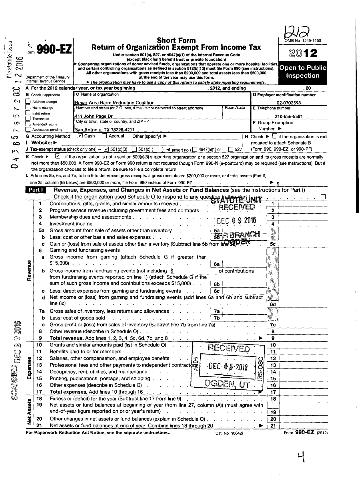 Image of first page of 2012 Form 990EA for Bexar Area Harm Reduction Coalition