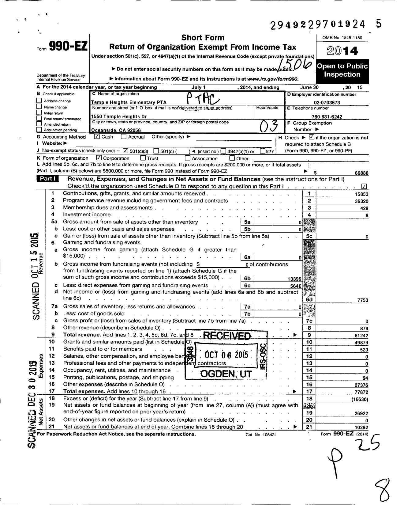 Image of first page of 2014 Form 990EZ for California State PTA - T H E Leadership Academy PTA