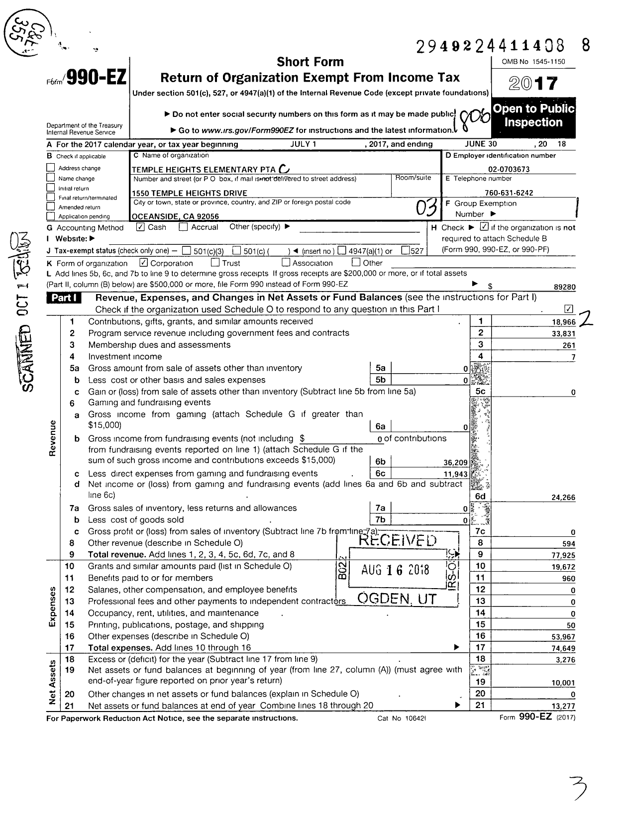 Image of first page of 2017 Form 990EZ for California State PTA - T H E Leadership Academy PTA