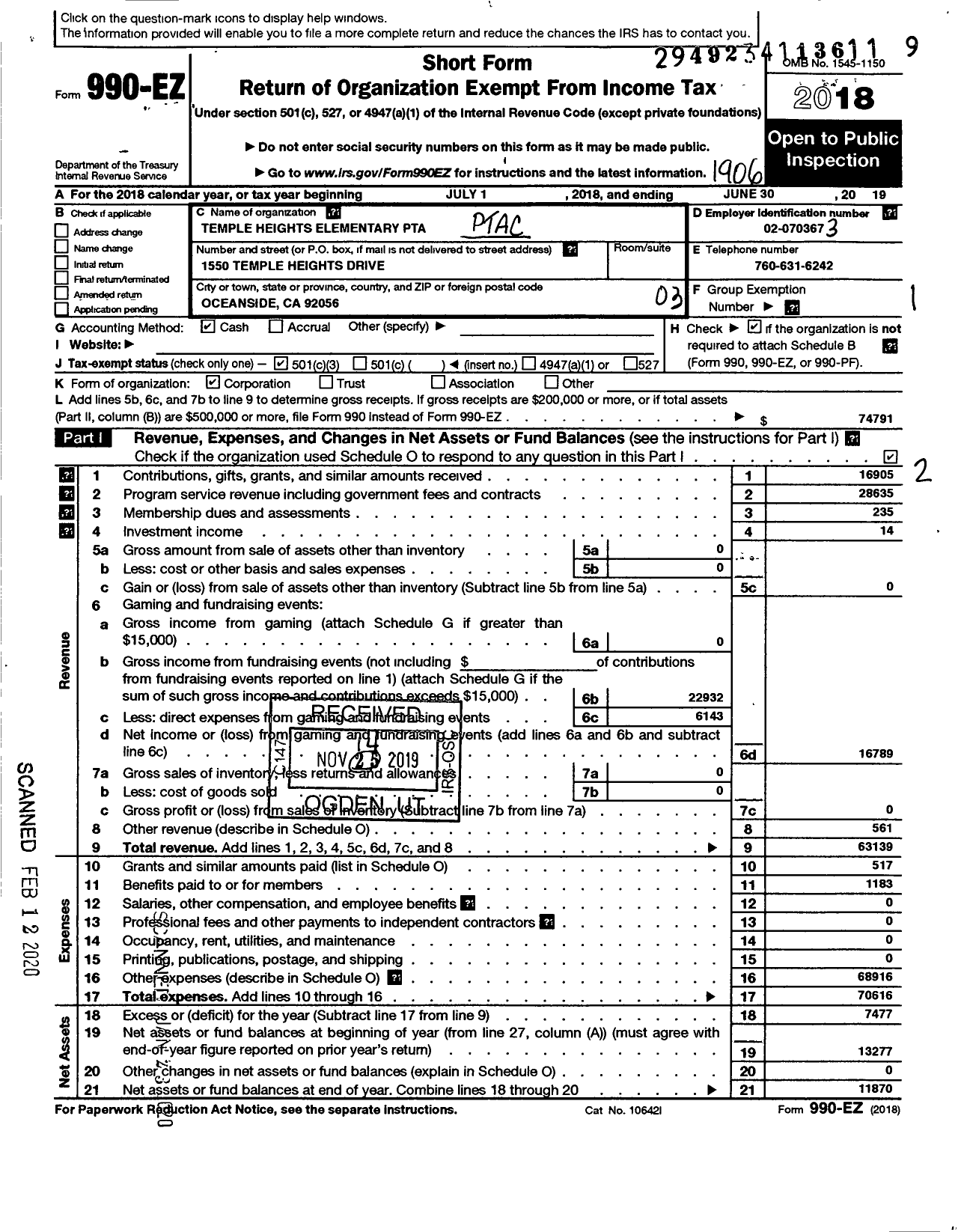 Image of first page of 2018 Form 990EZ for California State PTA - T H E Leadership Academy PTA