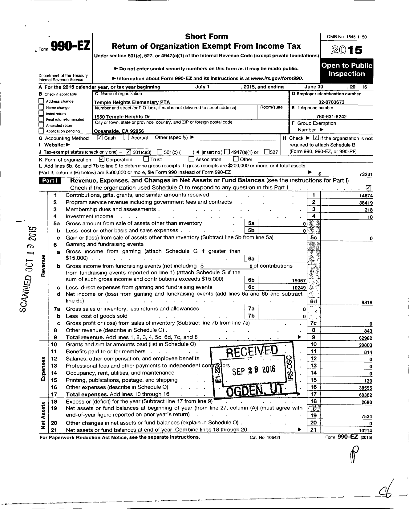 Image of first page of 2015 Form 990EZ for California State PTA - T H E Leadership Academy PTA