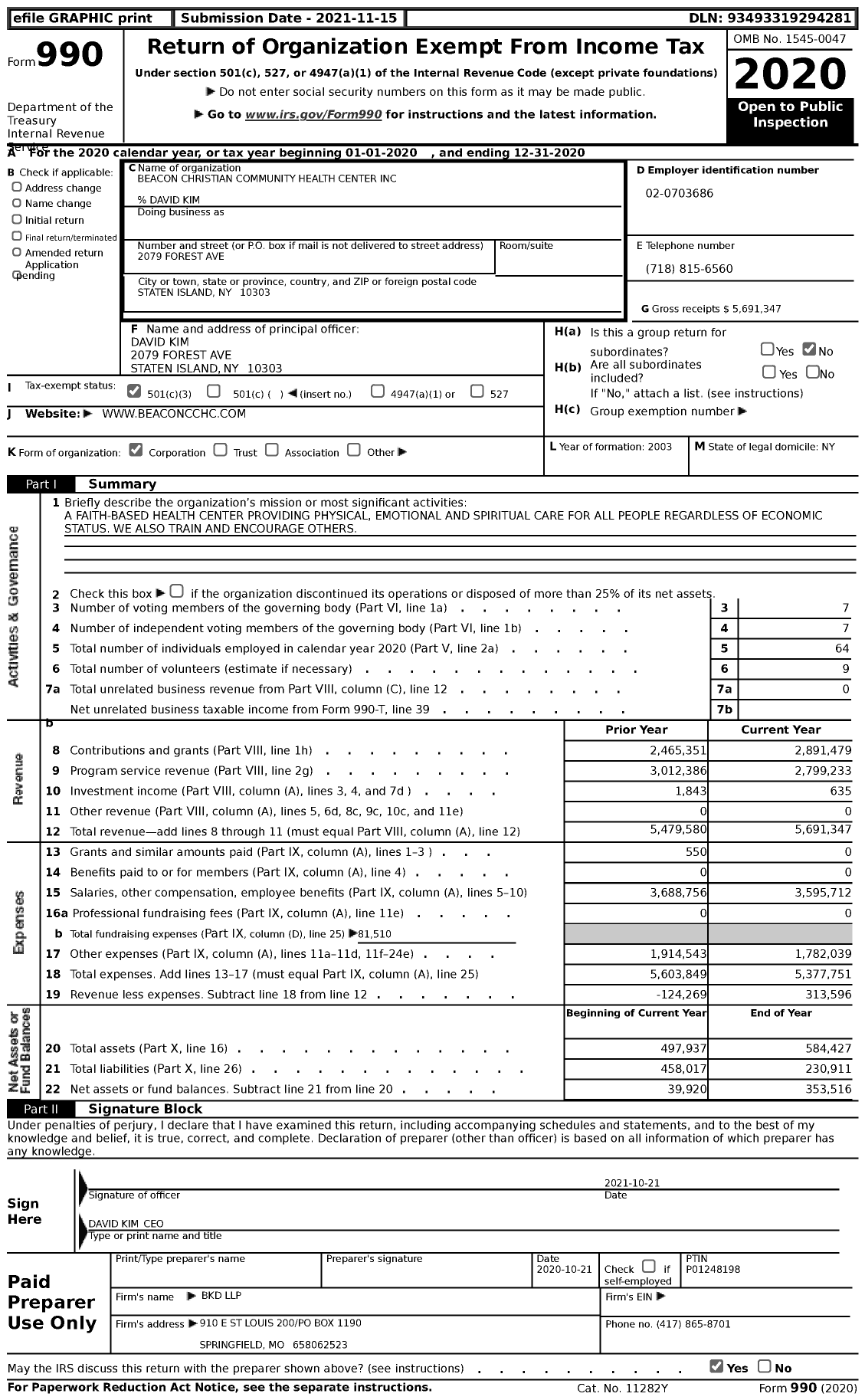 Image of first page of 2020 Form 990 for Beacon Christian Community Health Center