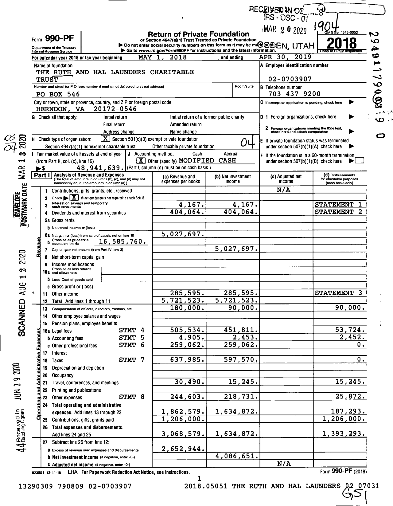 Image of first page of 2018 Form 990PR for The Ruth and Hal Launders Charitable Trust