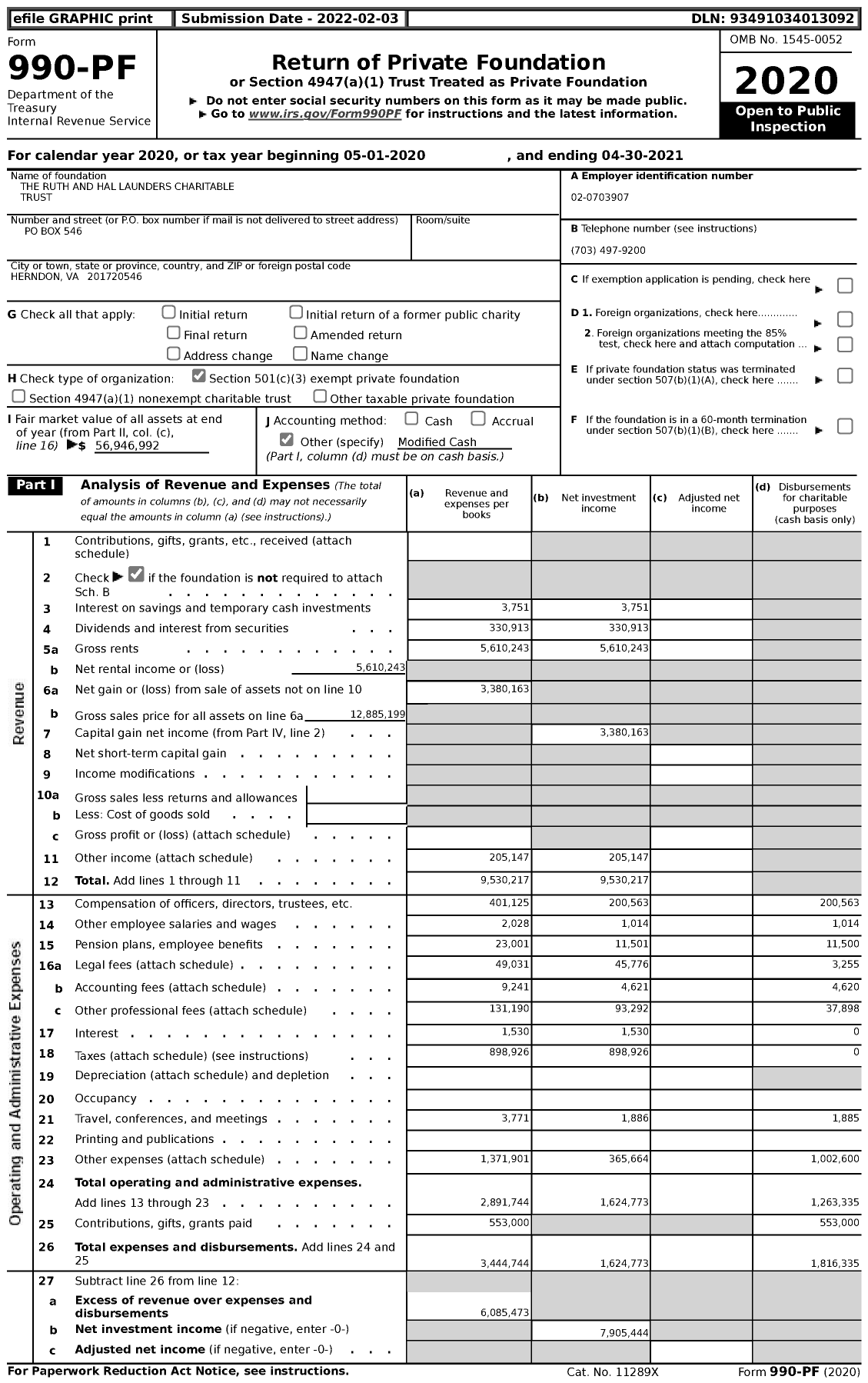 Image of first page of 2020 Form 990PF for The Ruth and Hal Launders Charitable Trust