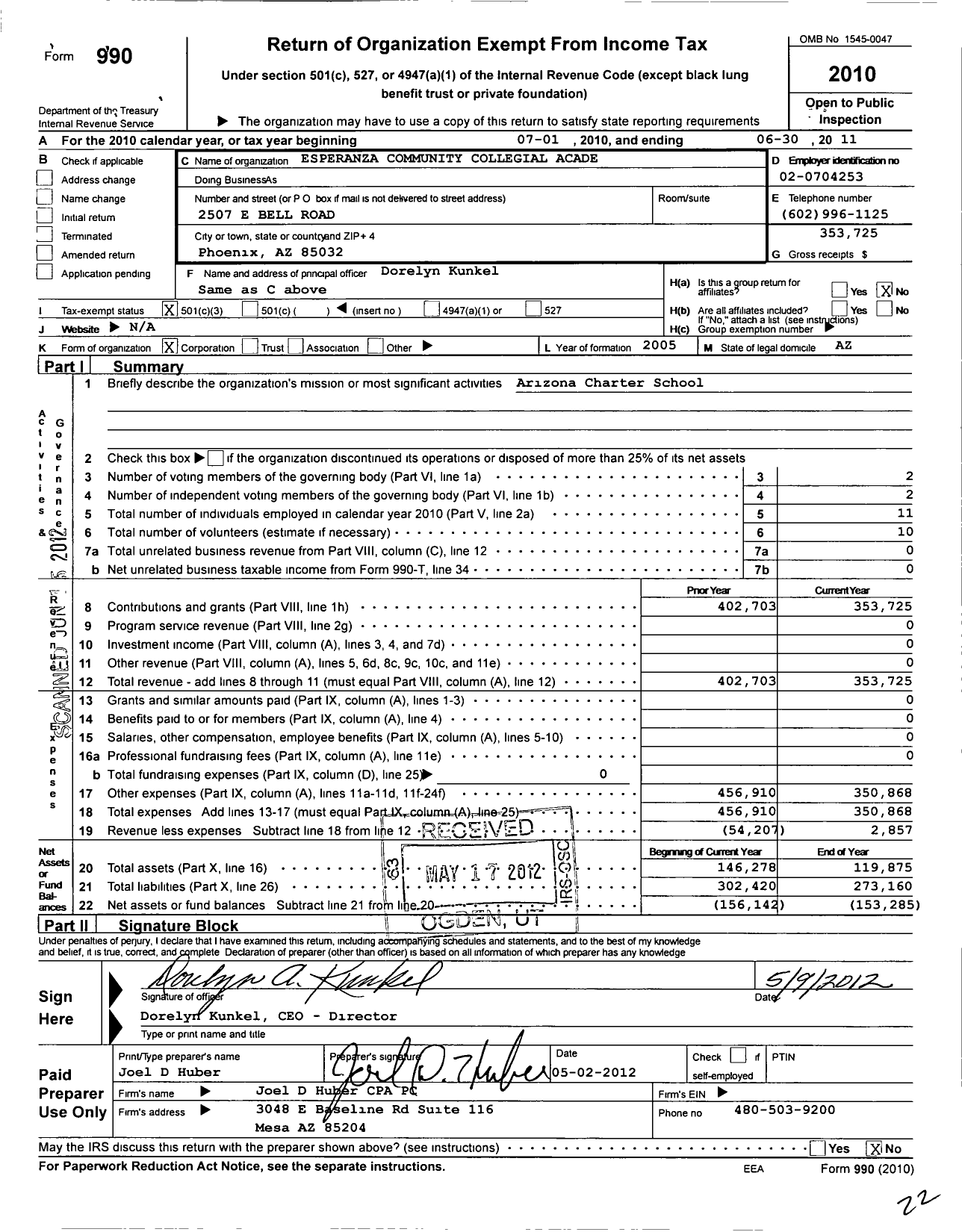 Image of first page of 2010 Form 990 for Esperanza Community Collegial Academy