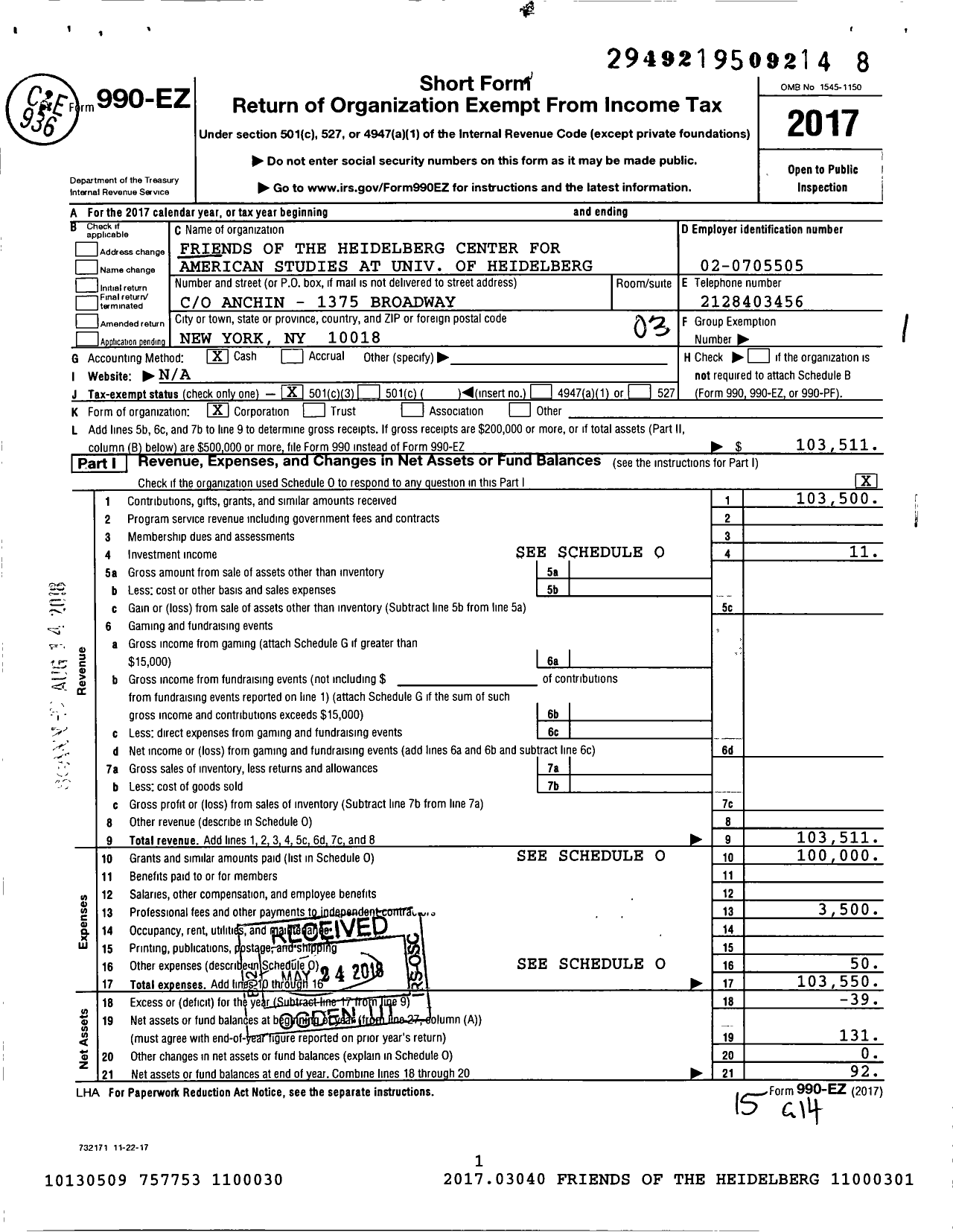 Image of first page of 2017 Form 990EZ for Friends of the Heidelberg Center for American Studies at Univ of Heidelberg