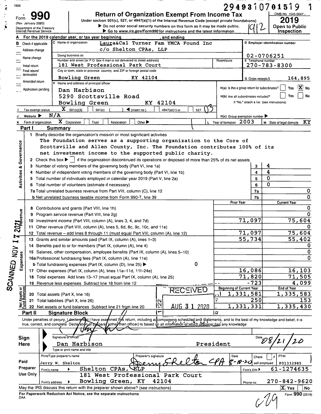 Image of first page of 2019 Form 990 for Laura&cal Turner Family Ymca Foundation