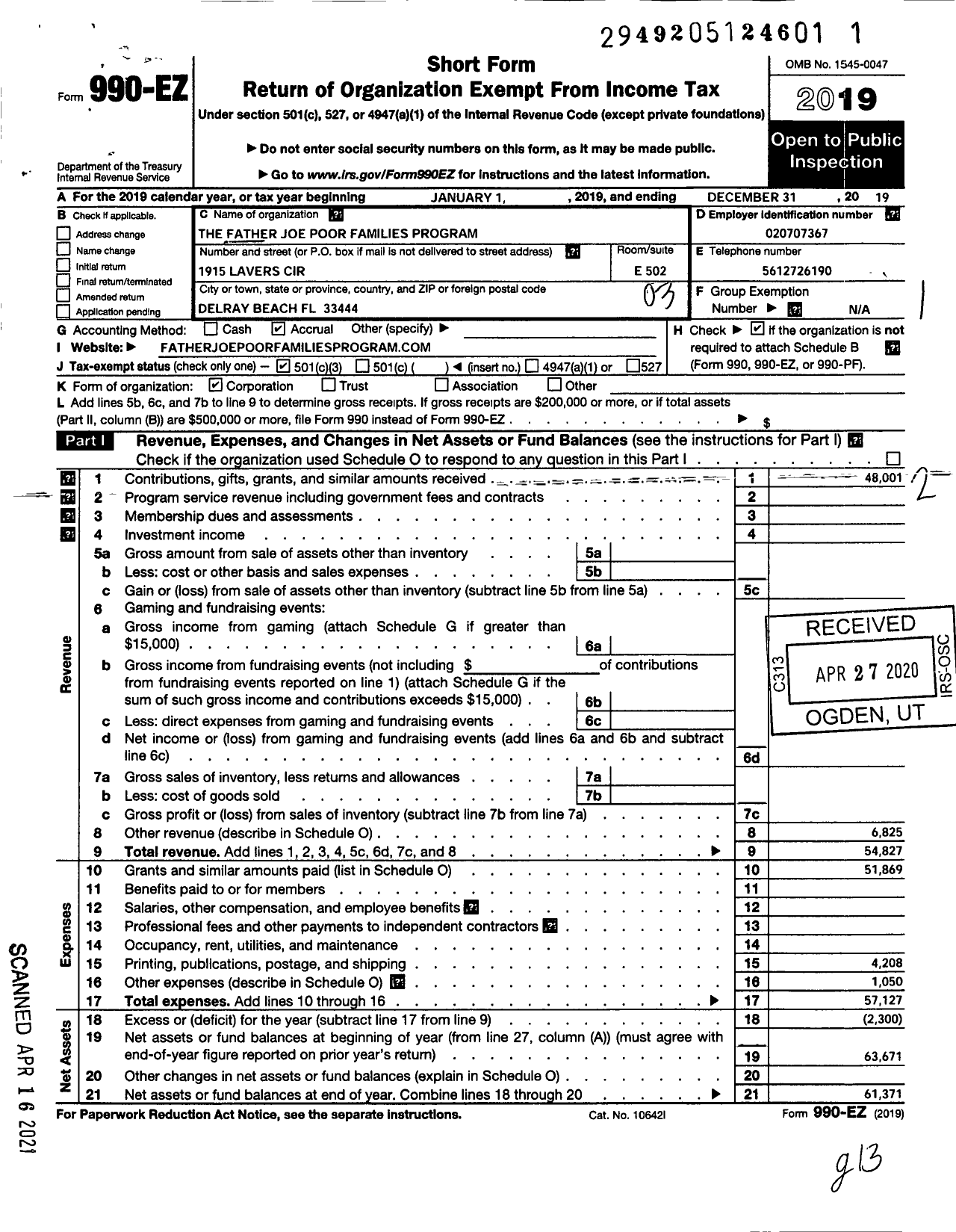 Image of first page of 2019 Form 990EZ for Father Joe Poor Families Program