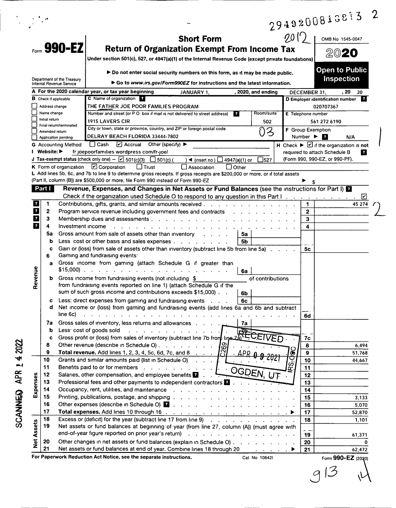 Image of first page of 2020 Form 990EZ for Father Joe Poor Families Program