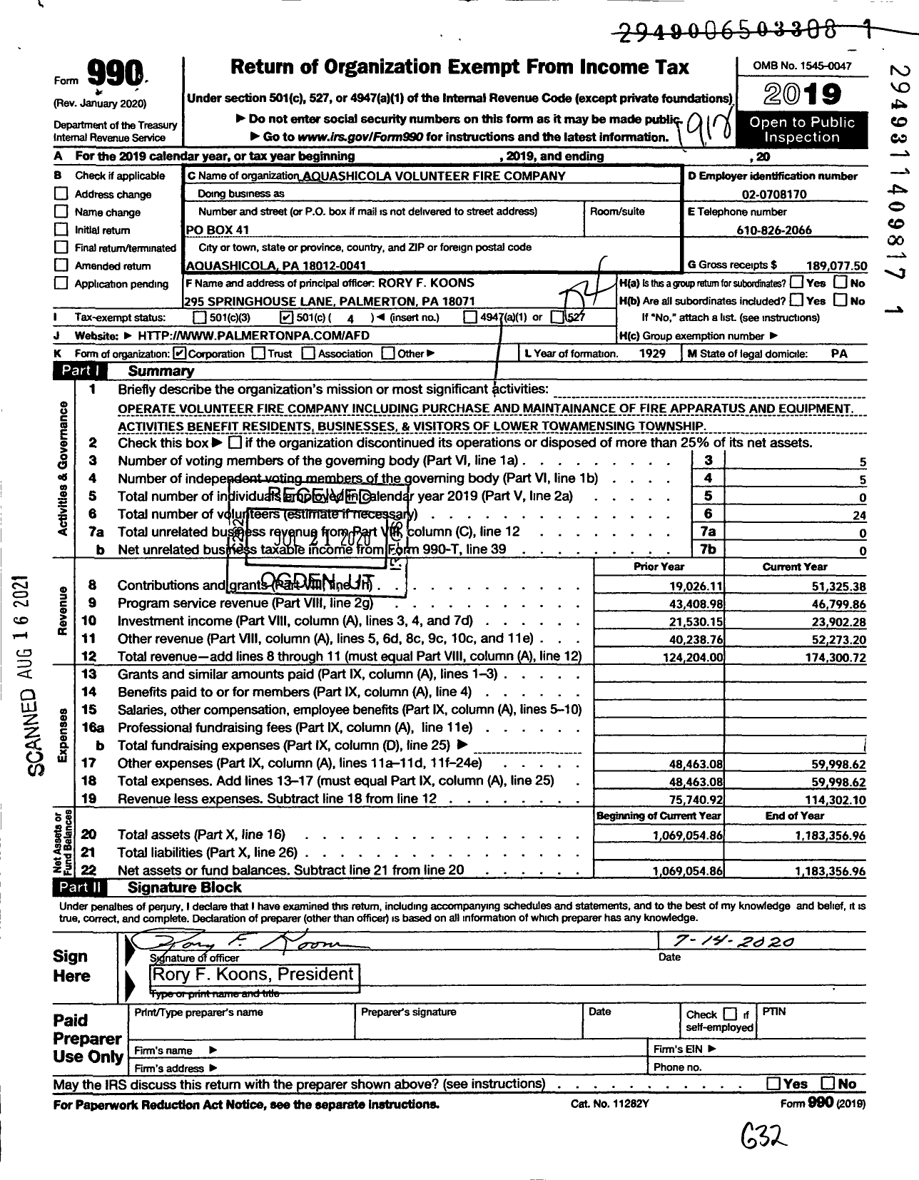 Image of first page of 2019 Form 990O for Aquashicola Volunteer Fire Company