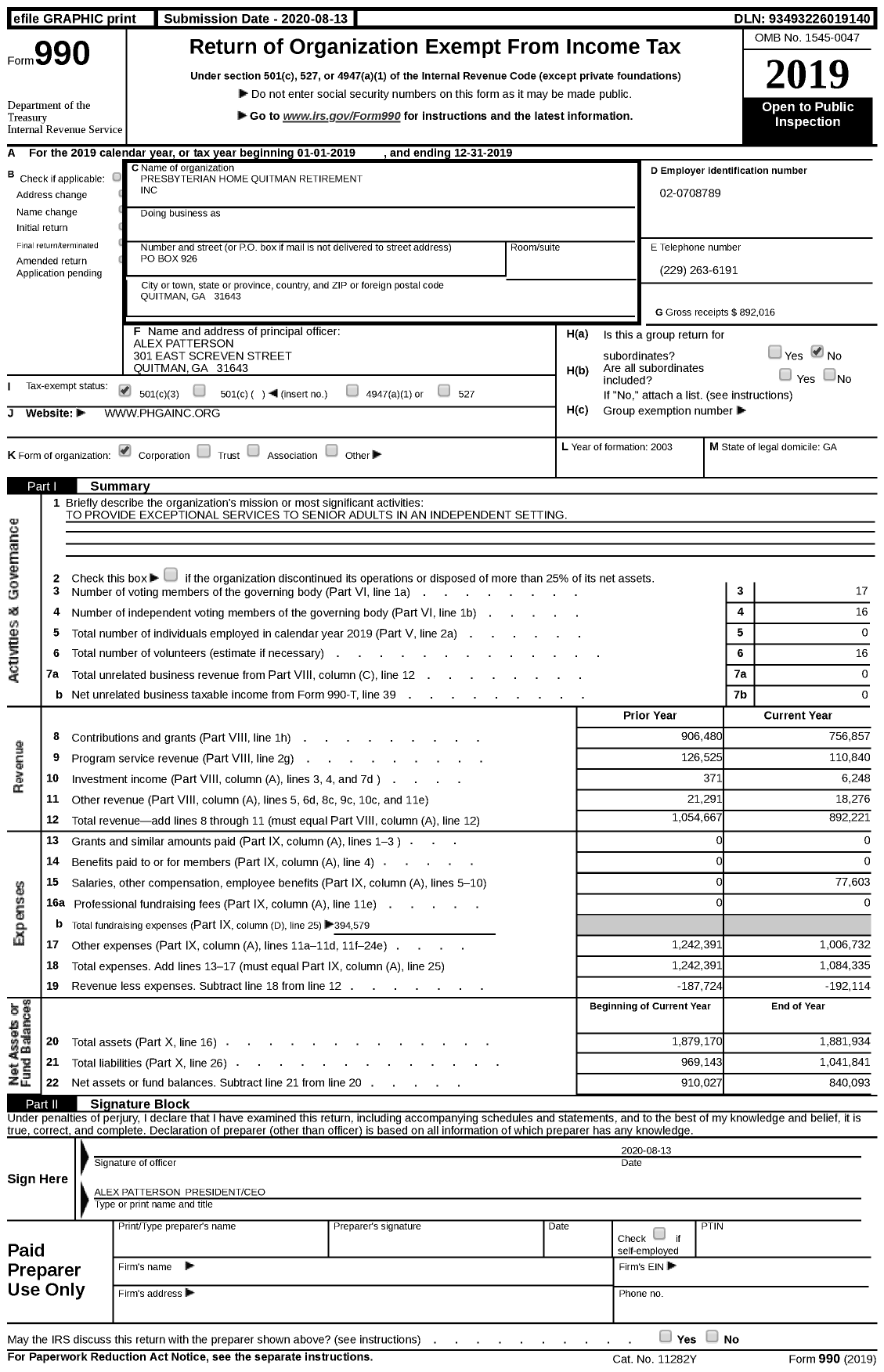 Image of first page of 2019 Form 990 for Presbyterian Home Quitman Retirement