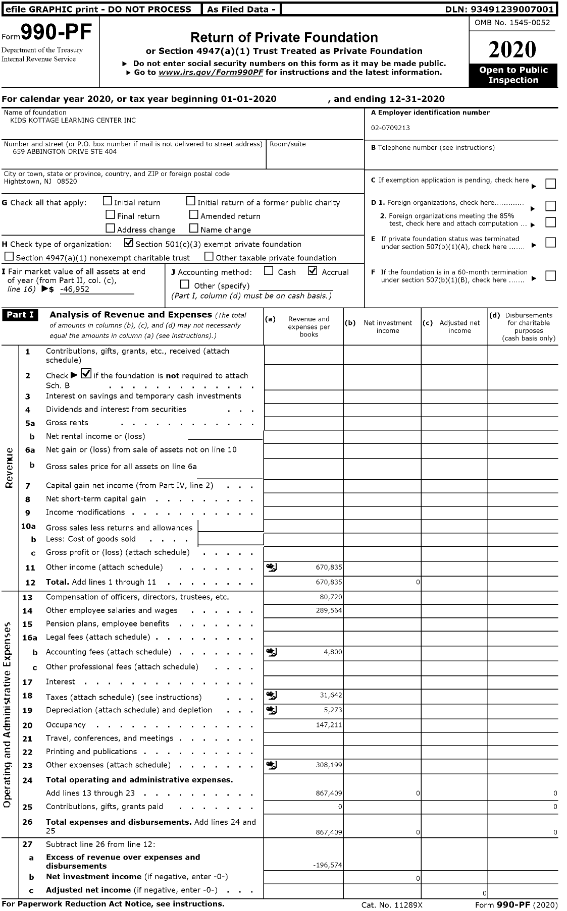 Image of first page of 2020 Form 990PF for Kids Kottage Learning Center