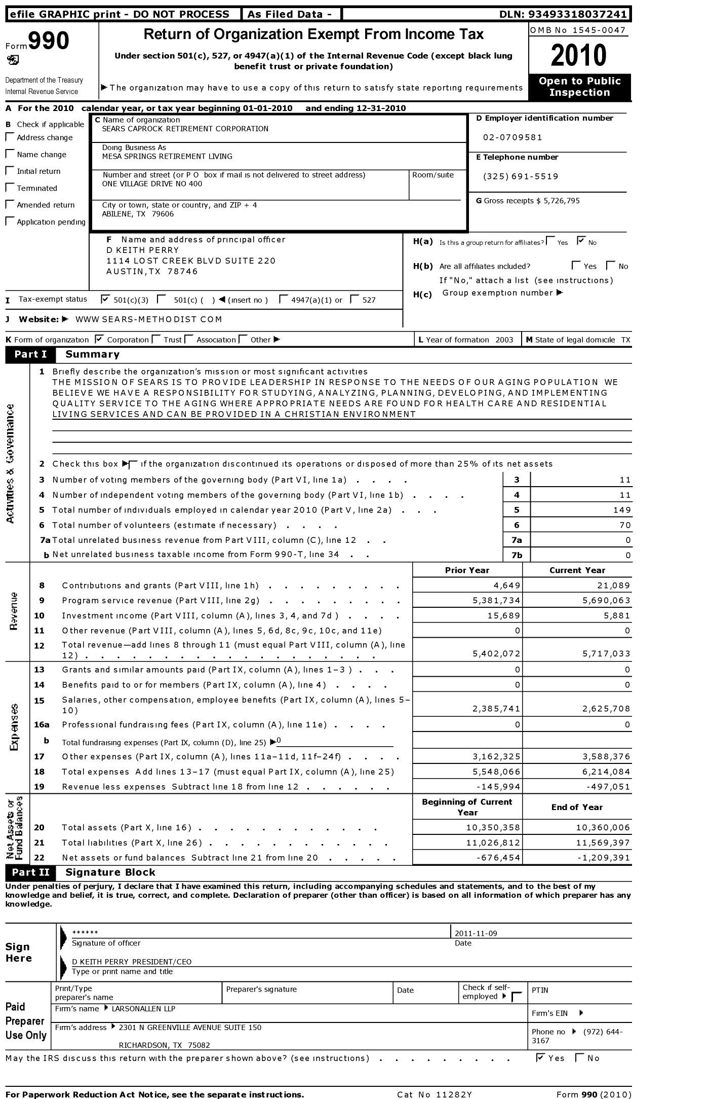 Image of first page of 2010 Form 990 for Mesa Springs Retirement Village
