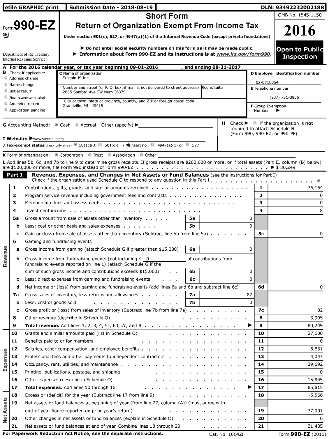 Image of first page of 2016 Form 990EZ for SustainUS Us