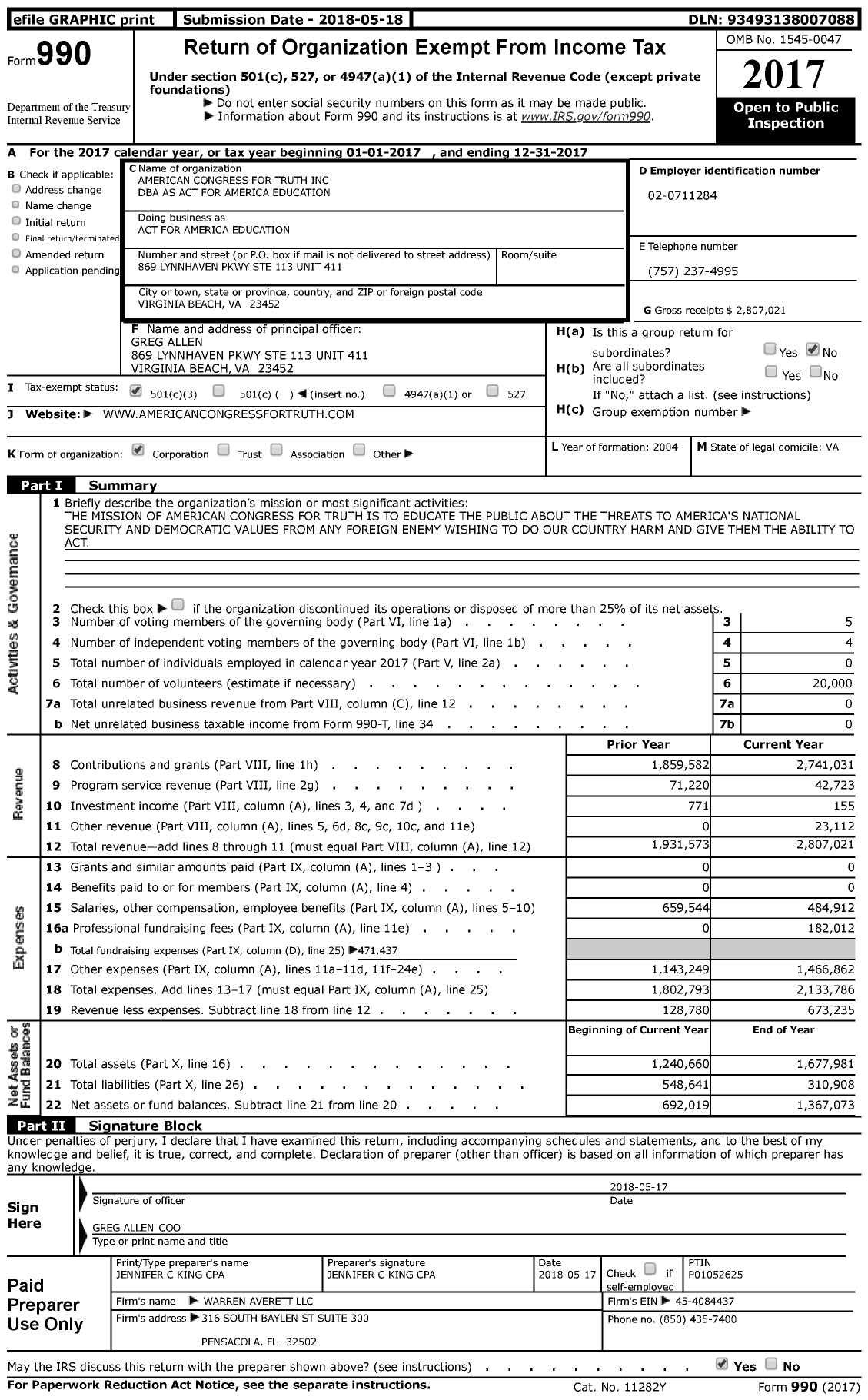 Image of first page of 2017 Form 990 for ACT for America Education