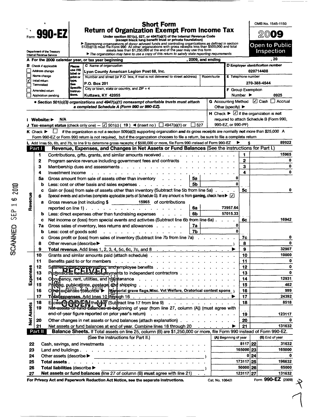 Image of first page of 2009 Form 990EO for American Legion - 68 Lyon County