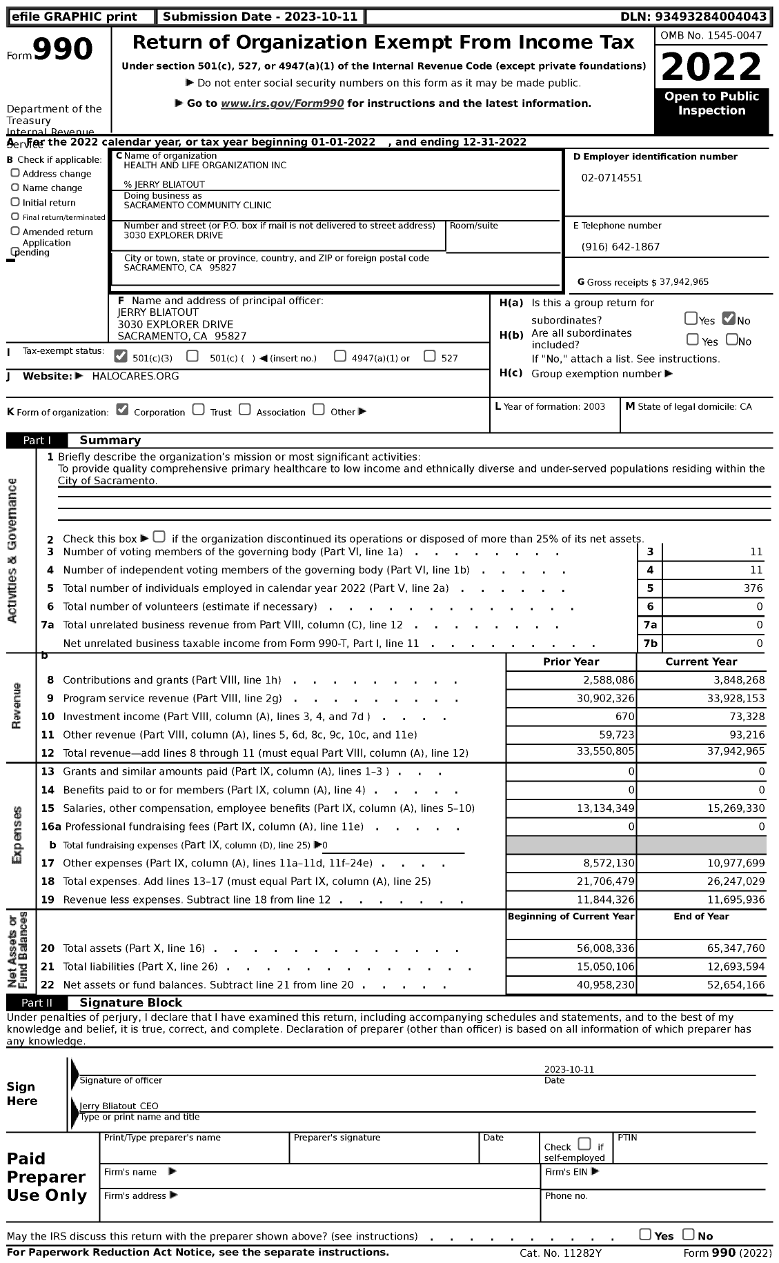 Image of first page of 2022 Form 990 for Health and Life Organization (HALO)
