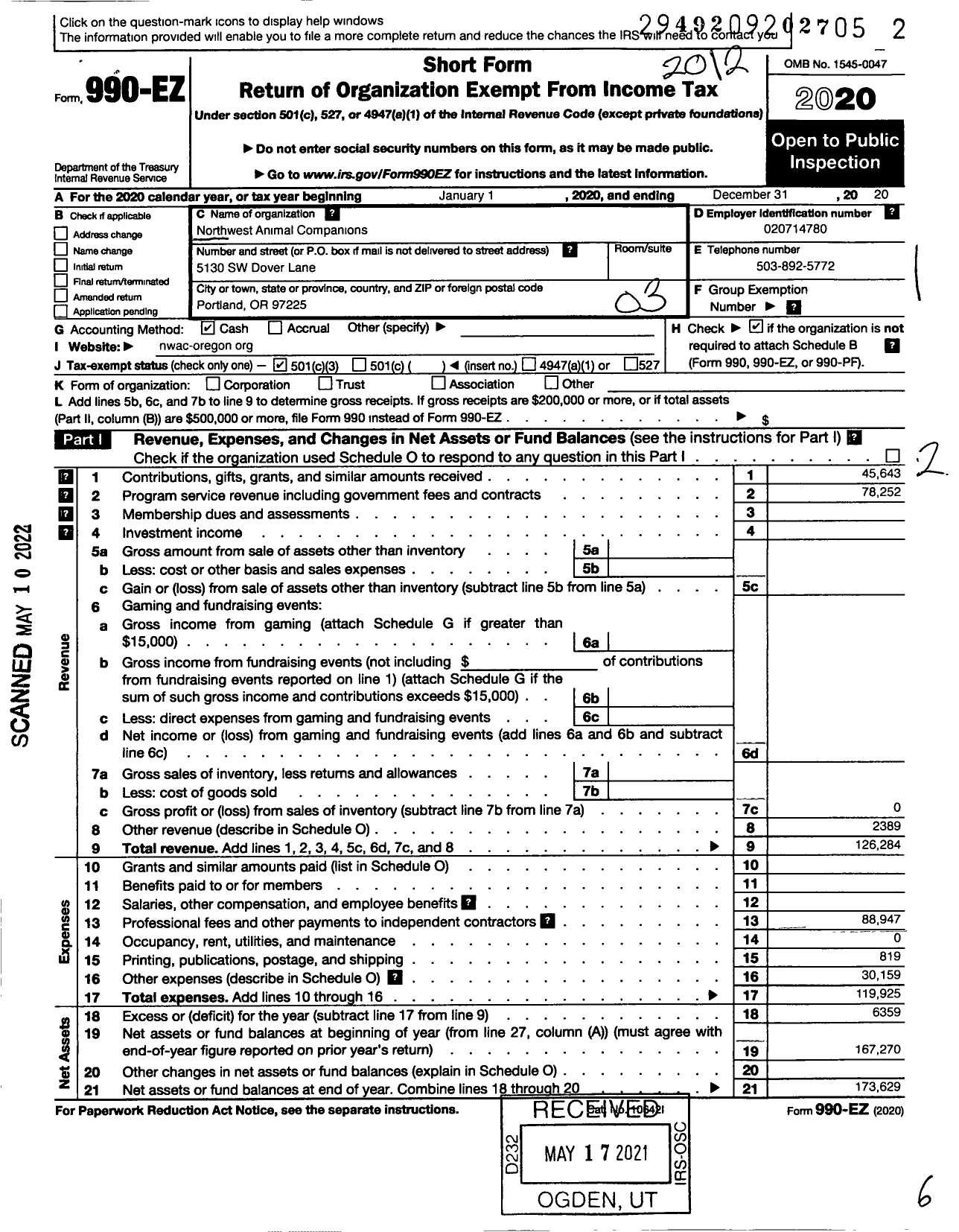 Image of first page of 2020 Form 990EZ for Northwest Animal Companions