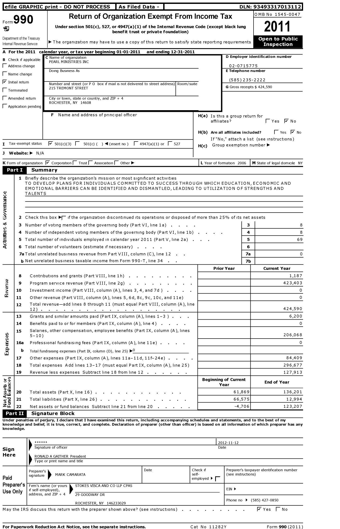 Image of first page of 2011 Form 990 for Pearl Resources