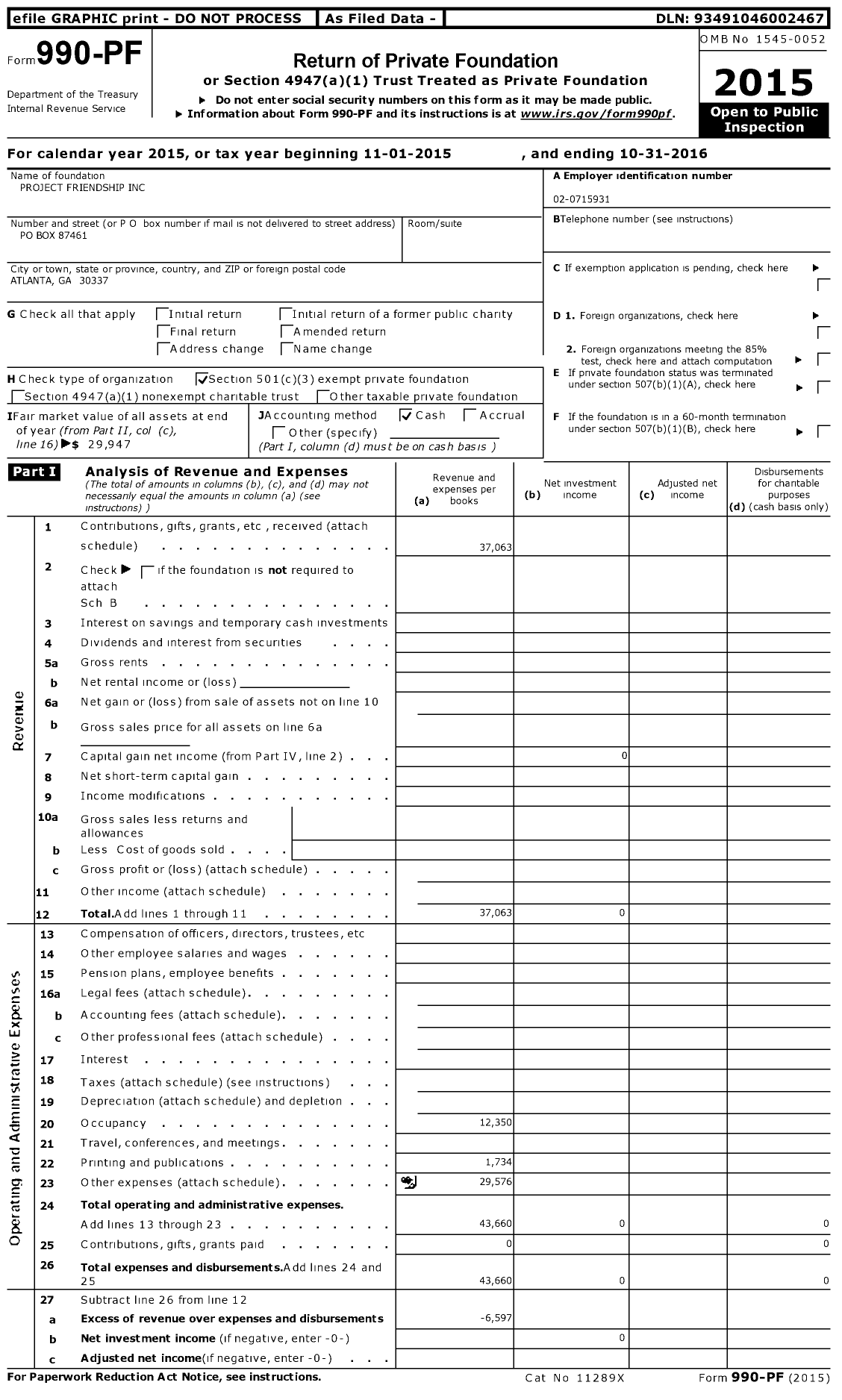 Image of first page of 2015 Form 990PF for Project Friendship