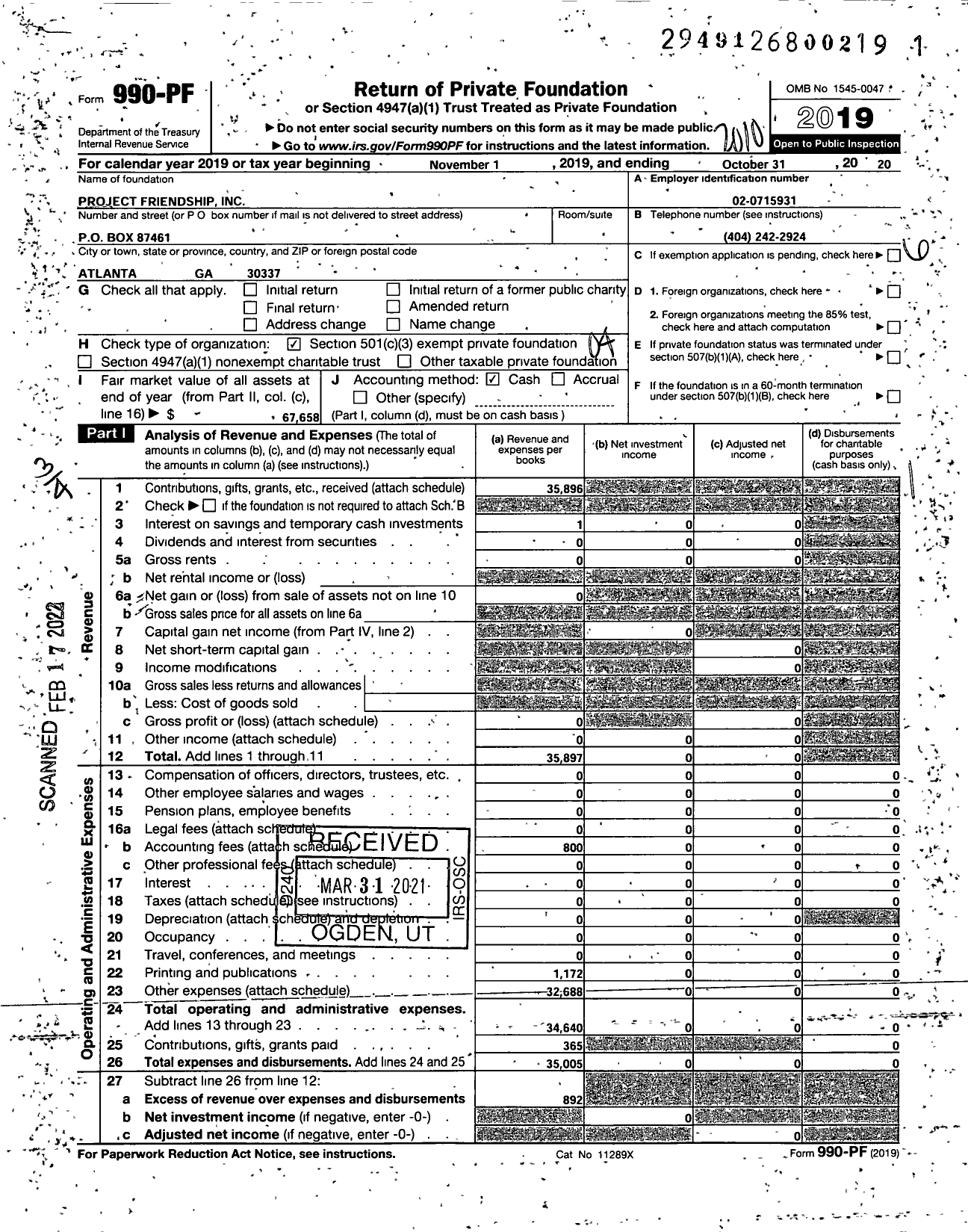 Image of first page of 2019 Form 990PF for Project Friendship