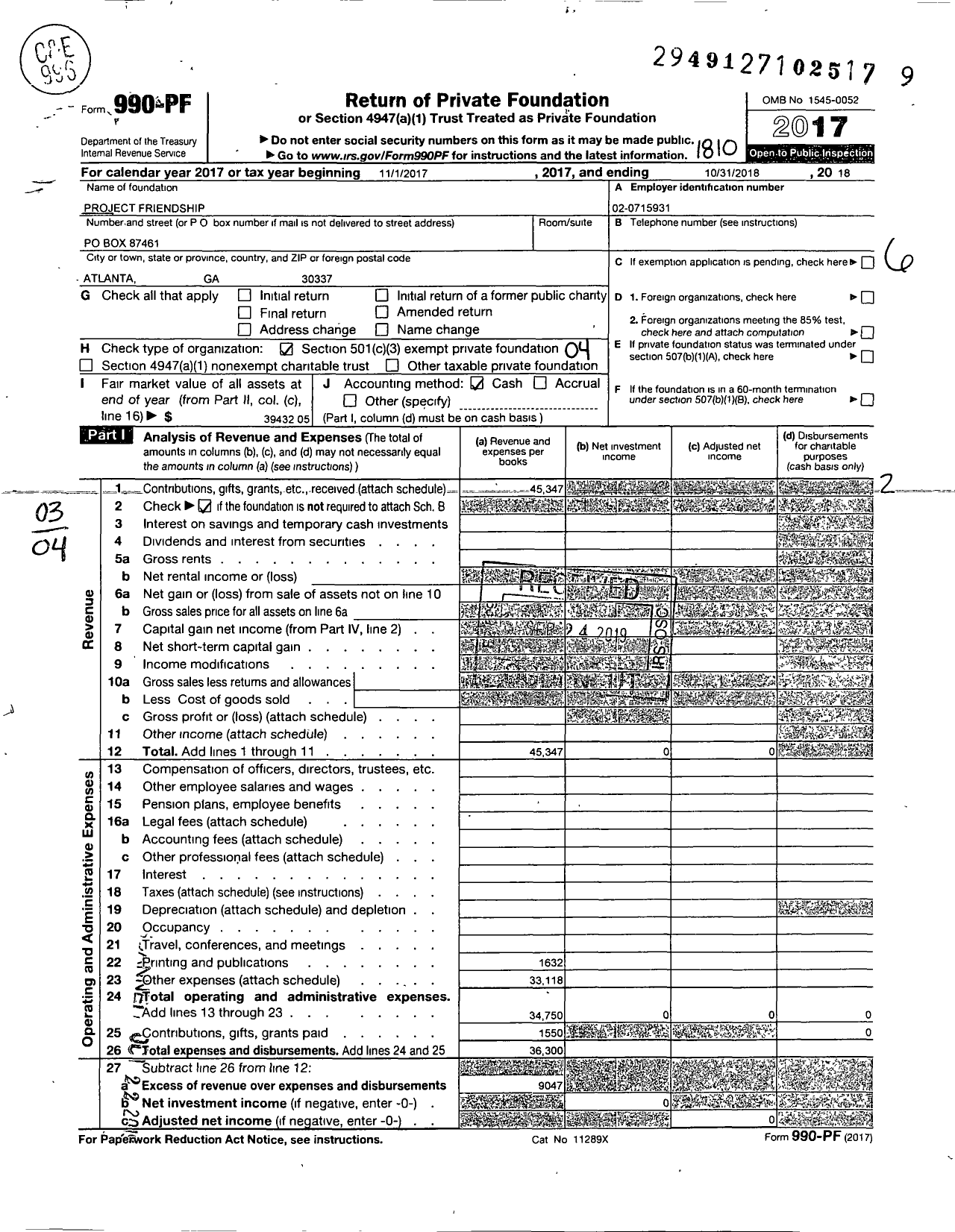 Image of first page of 2017 Form 990PF for Project Friendship