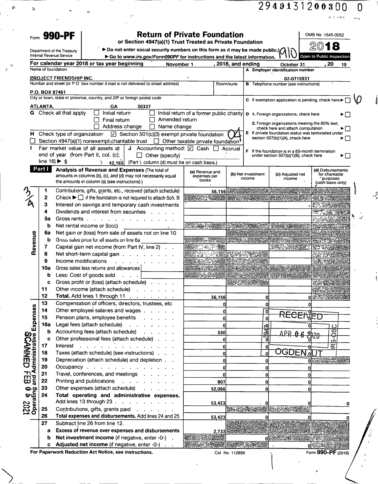 Image of first page of 2018 Form 990PF for Project Friendship