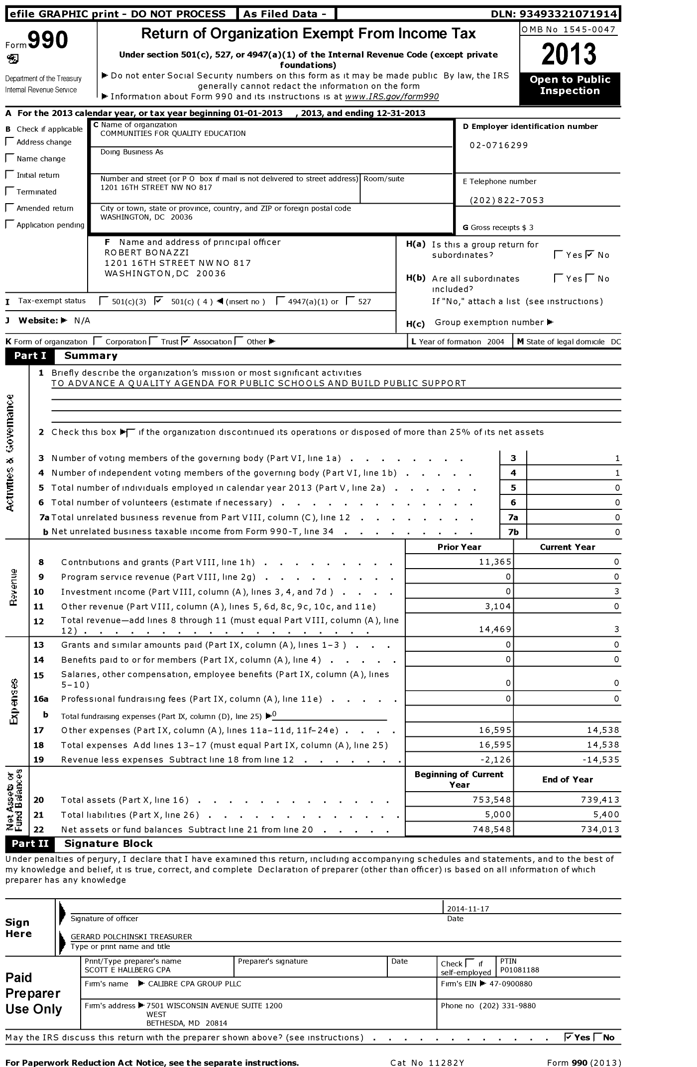 Image of first page of 2013 Form 990O for Communities for Quality Education