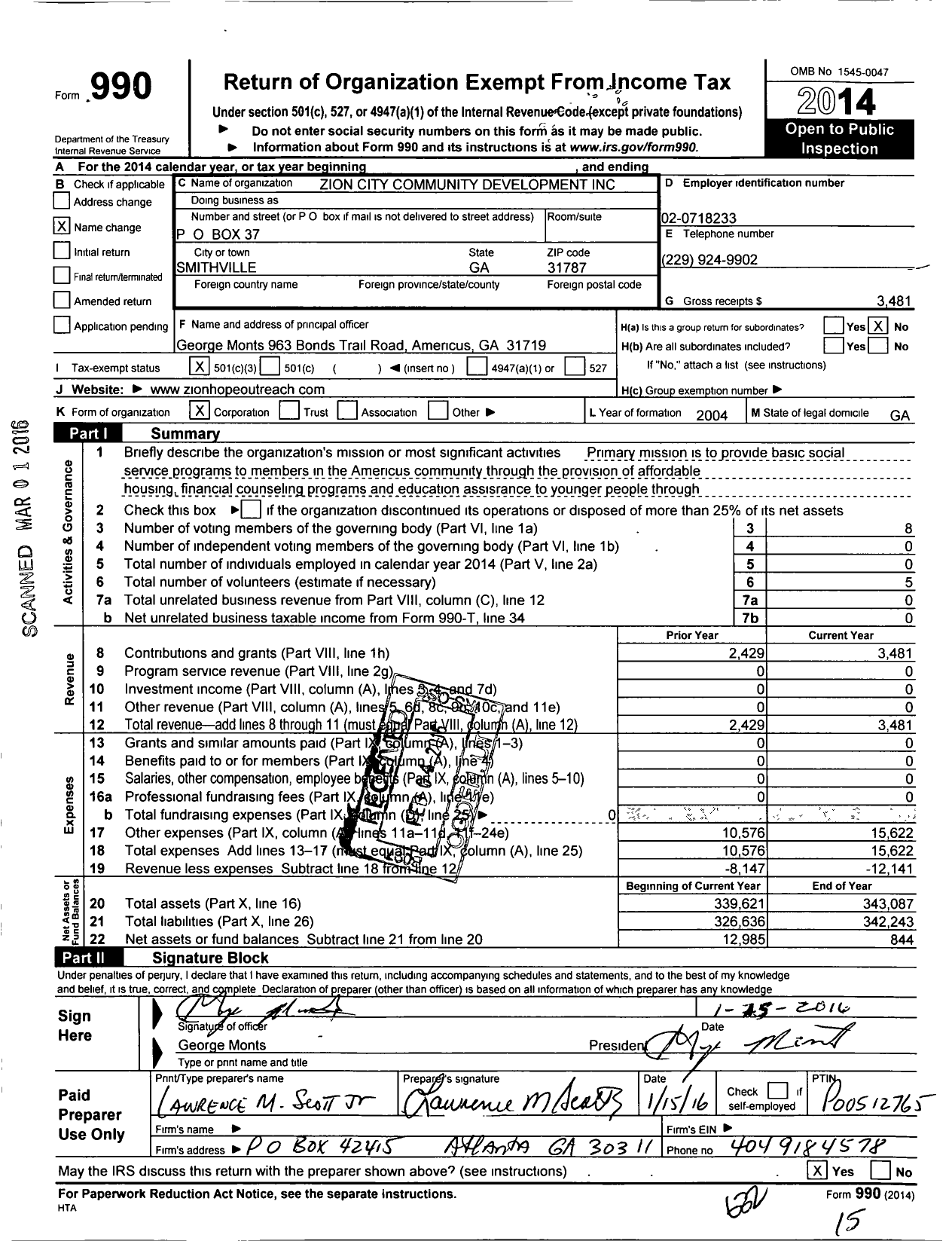 Image of first page of 2014 Form 990 for Zion City Community Development