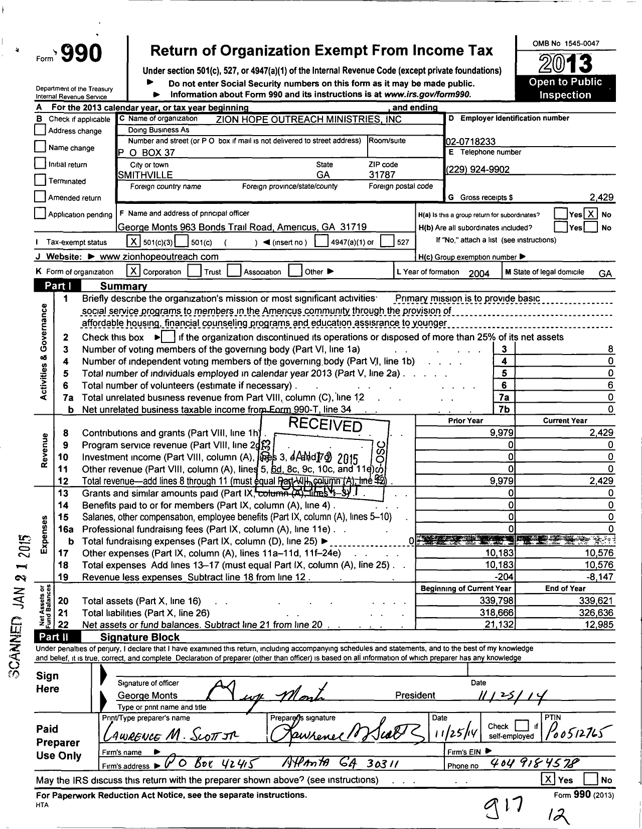 Image of first page of 2013 Form 990 for Zion City Community Development