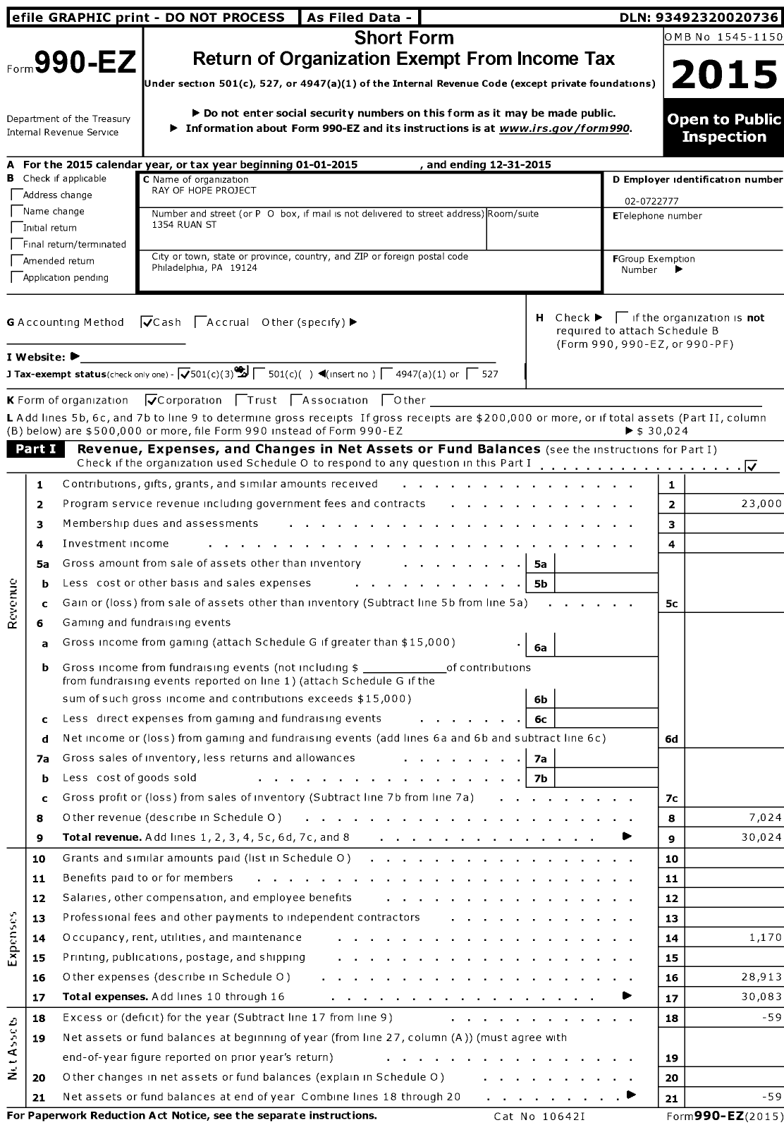 Image of first page of 2015 Form 990EZ for Ray of Hope Project