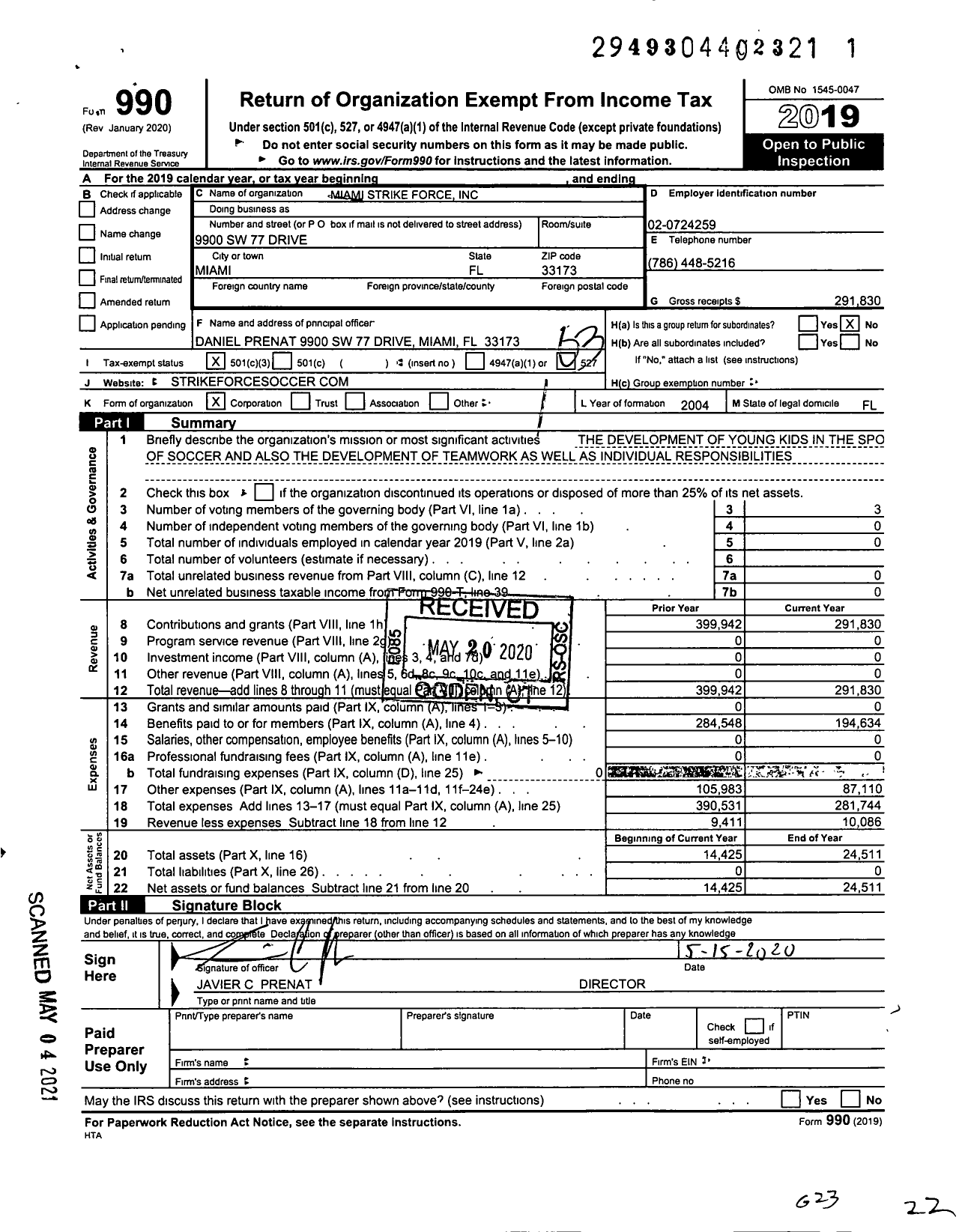 Image of first page of 2019 Form 990 for Miami Strike Force