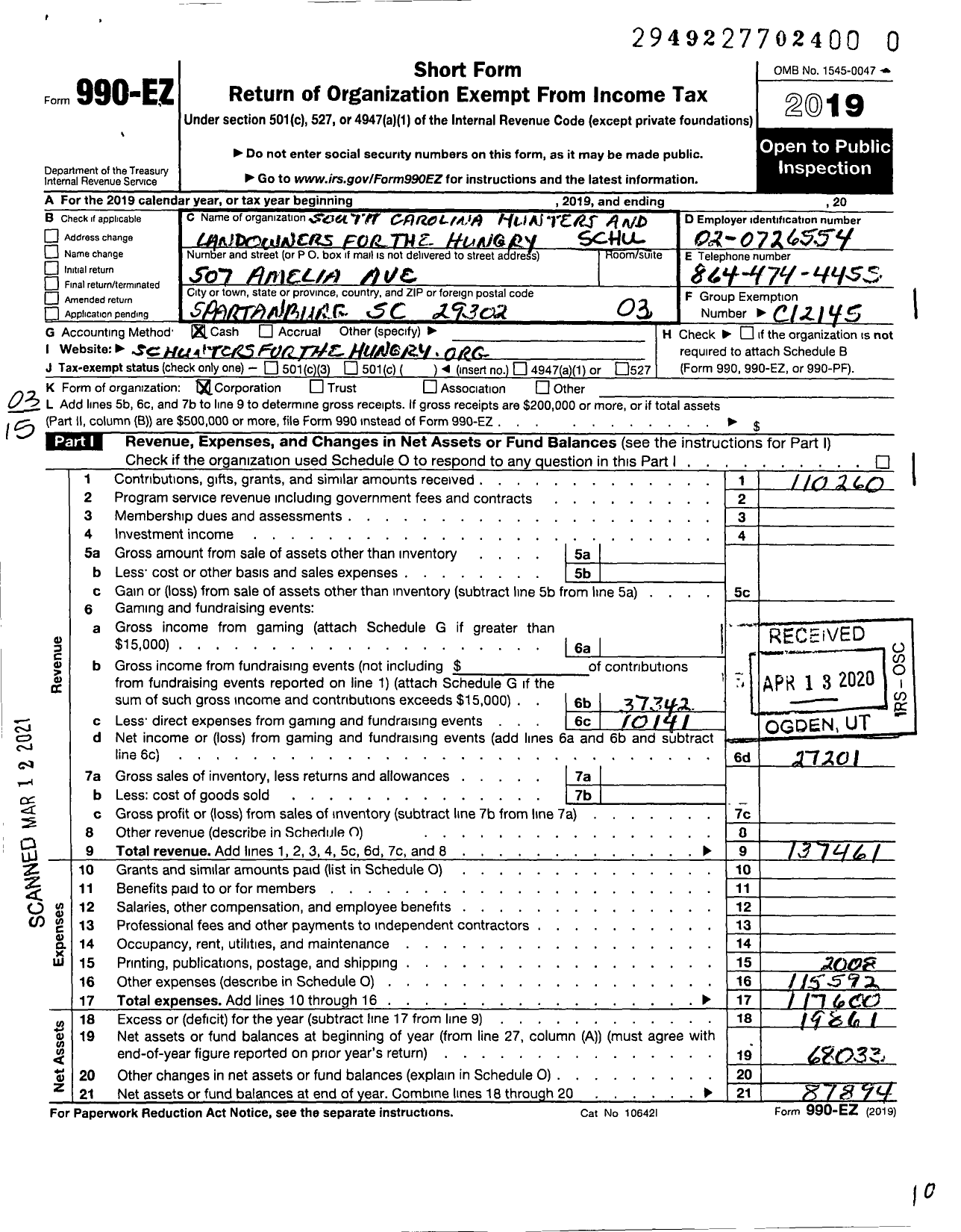 Image of first page of 2019 Form 990EZ for South Carolina Hunters and Landowners for the Hungry