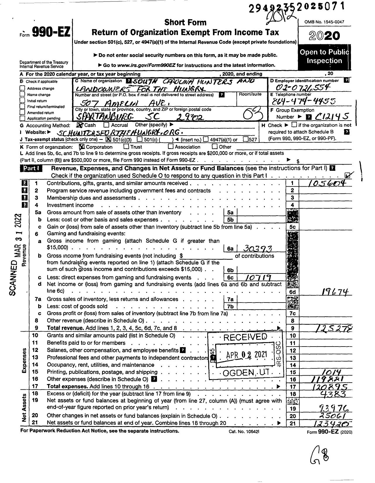 Image of first page of 2020 Form 990EZ for South Carolina Hunters and Landowners for the Hungry