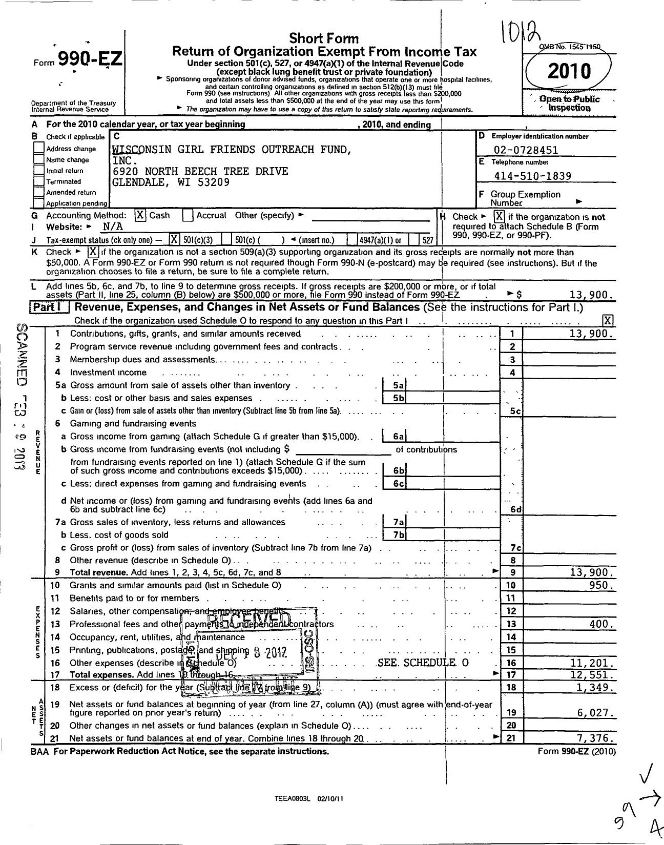 Image of first page of 2010 Form 990EZ for Wisconsin Girl Friends Outreach Fund