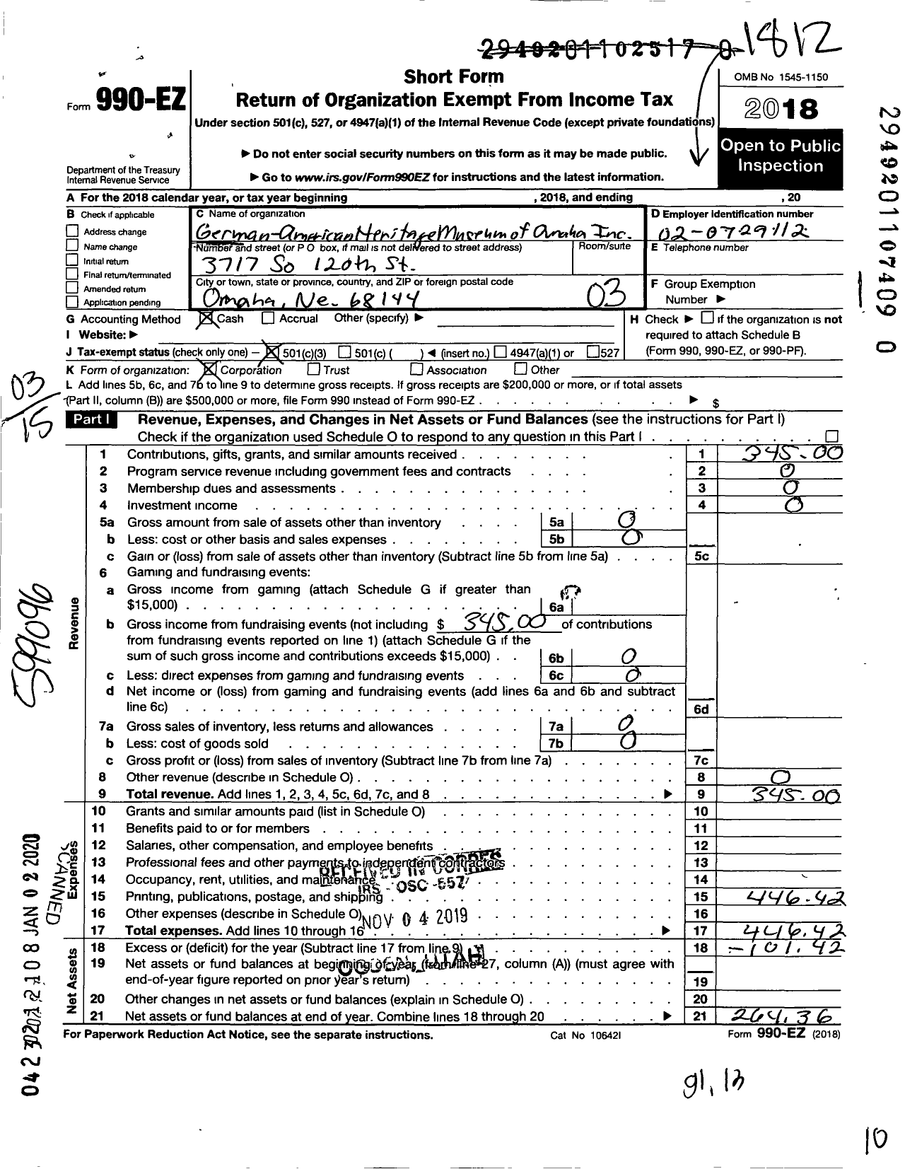 Image of first page of 2018 Form 990EZ for German American Heritage Museum of Omaha