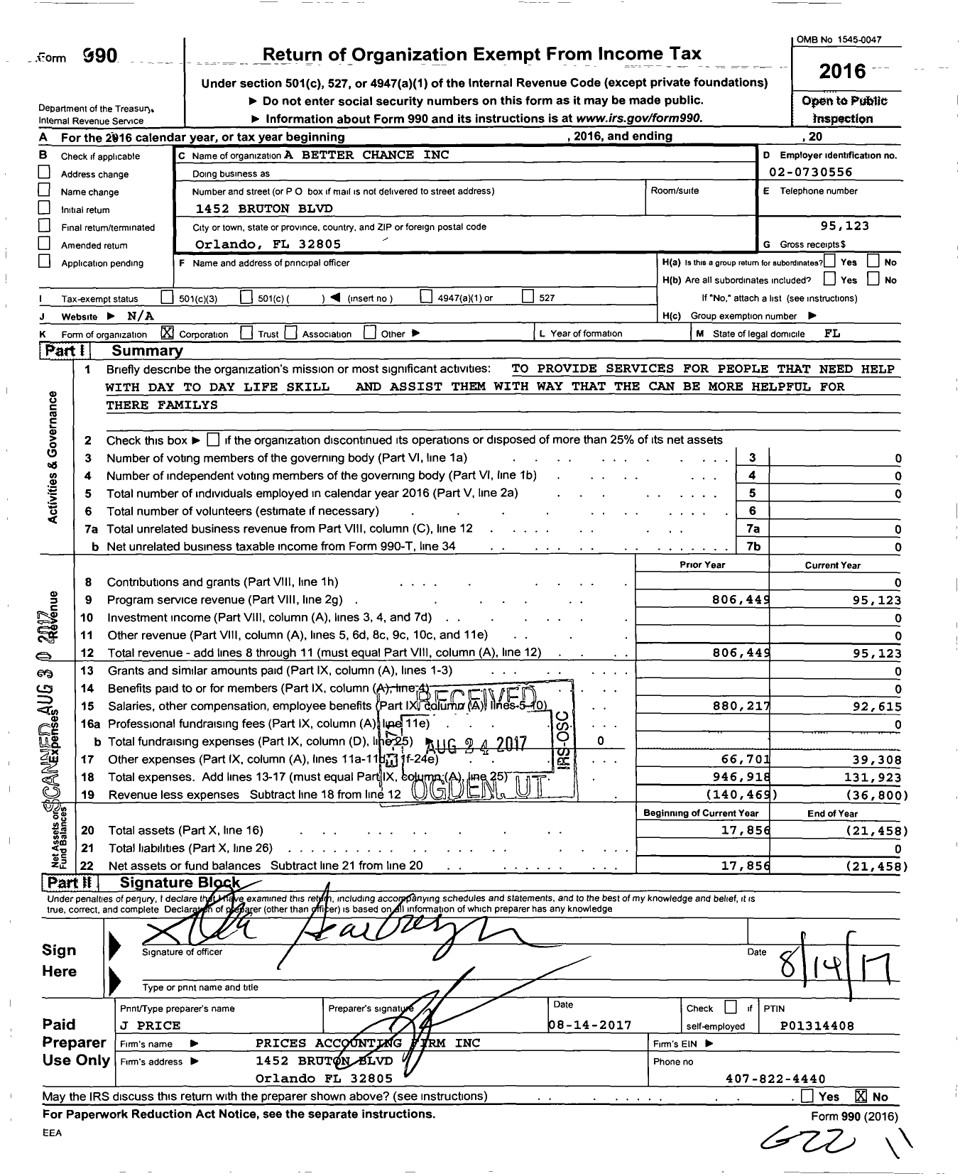 Image of first page of 2016 Form 990O for A Better Chance