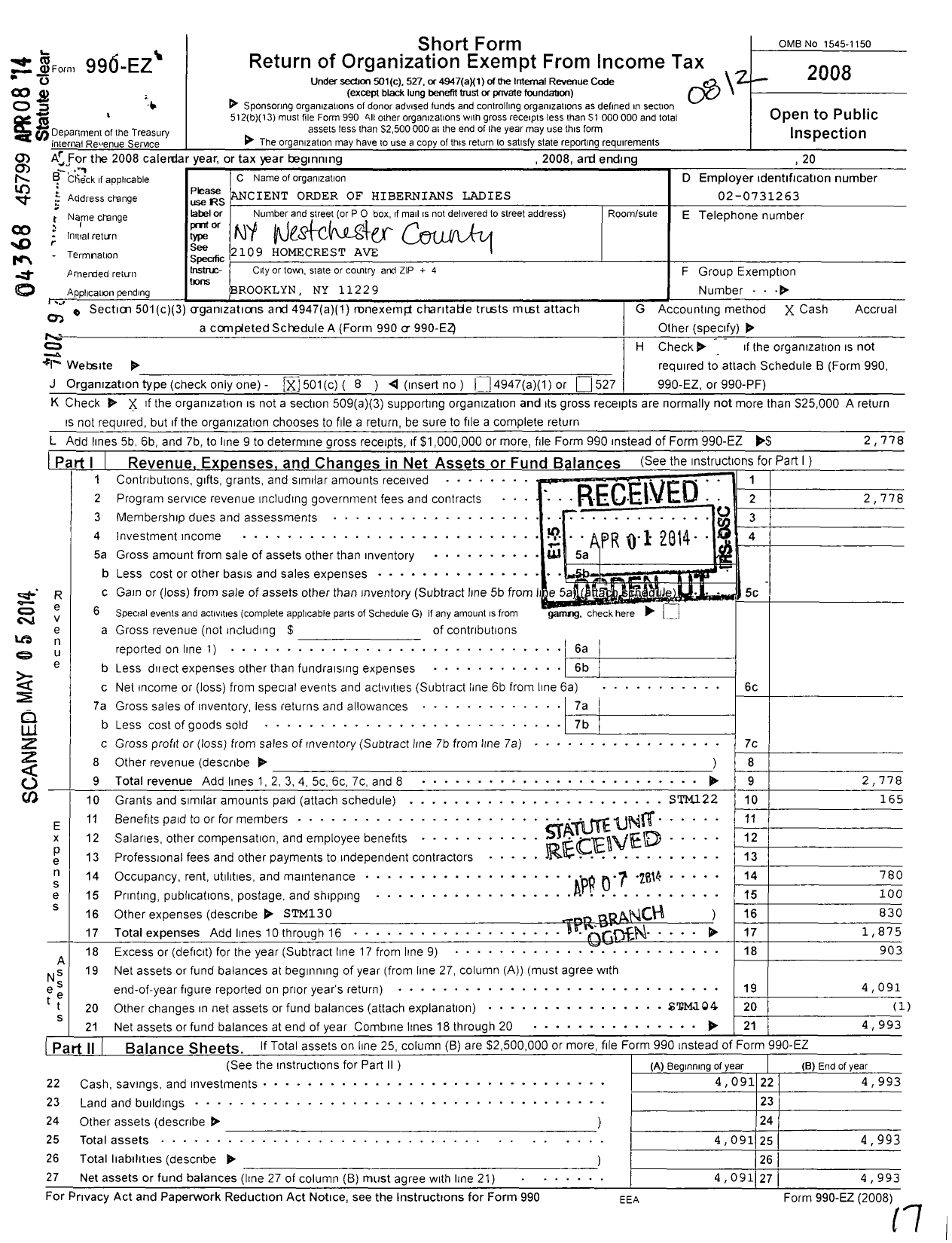 Image of first page of 2008 Form 990EO for Ladies Ancient Order of Hibernians