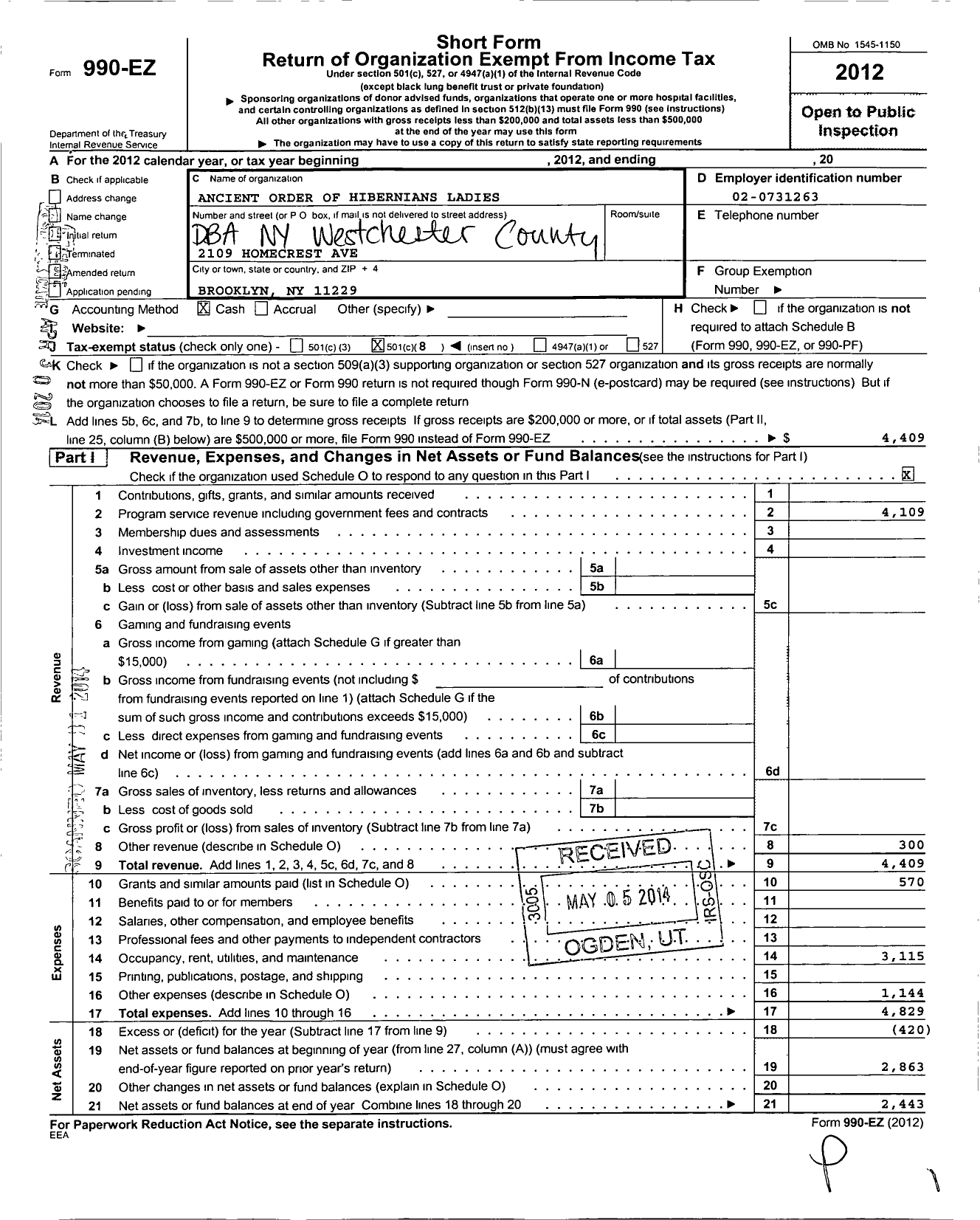 Image of first page of 2012 Form 990EO for Ladies Ancient Order of Hibernians