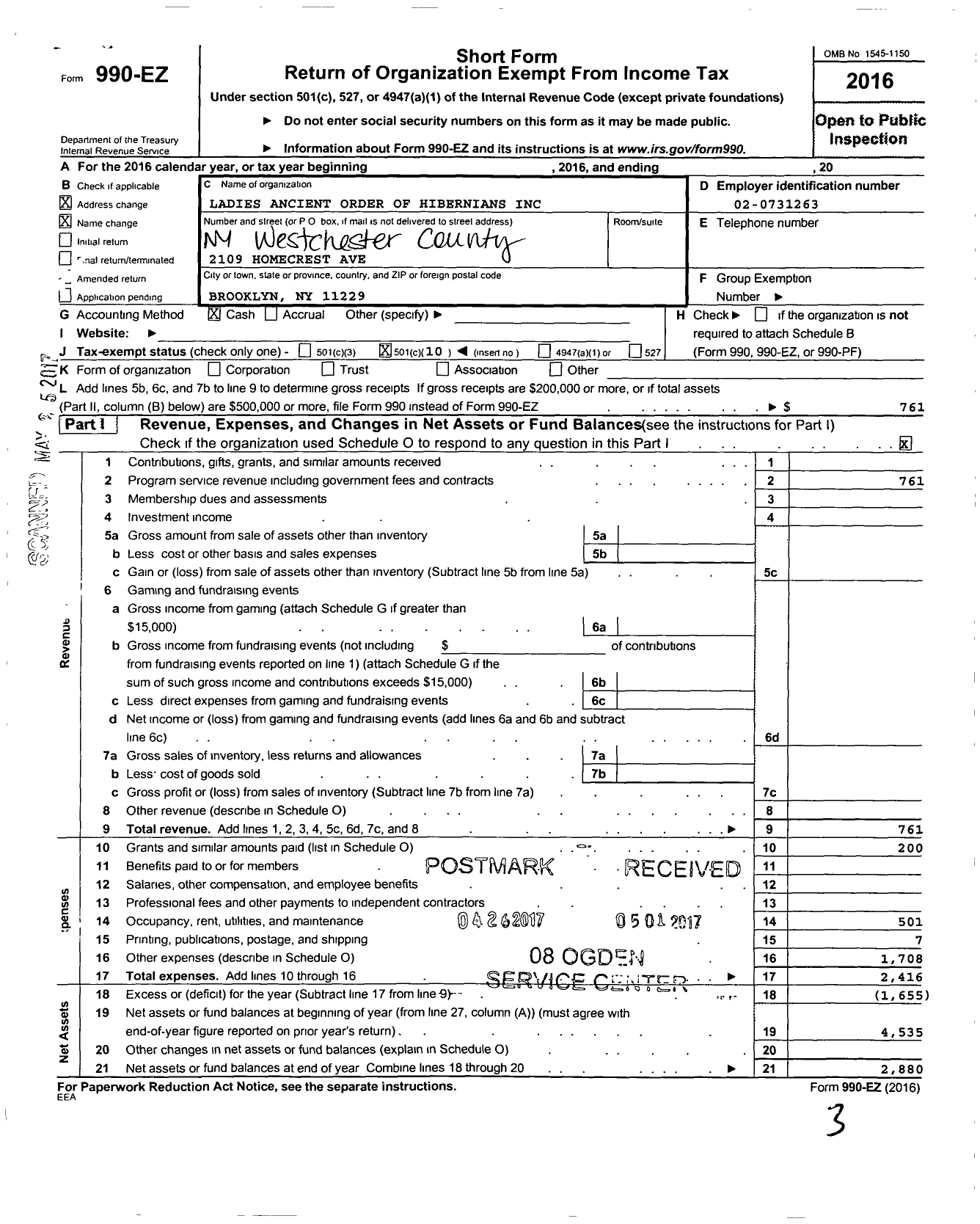 Image of first page of 2016 Form 990EO for Ladies Ancient Order of Hibernians