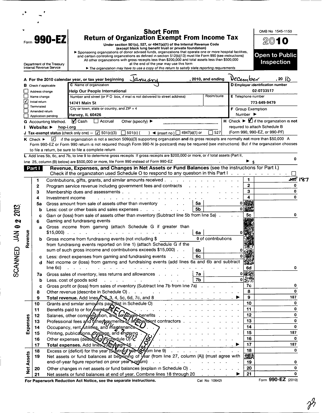 Image of first page of 2010 Form 990EZ for Obsidian Institute of Integrative Medicine