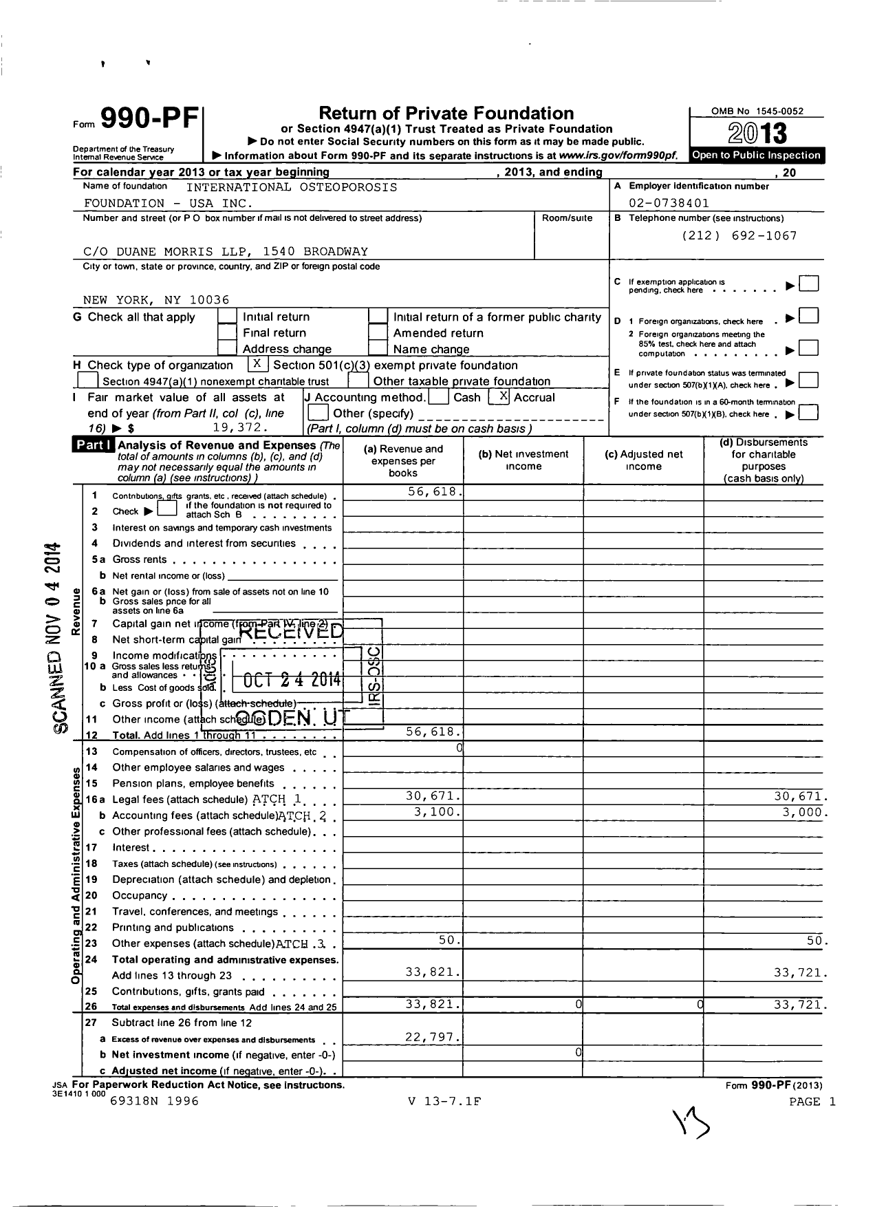 Image of first page of 2013 Form 990PF for International Osteoporosis Foundation USA