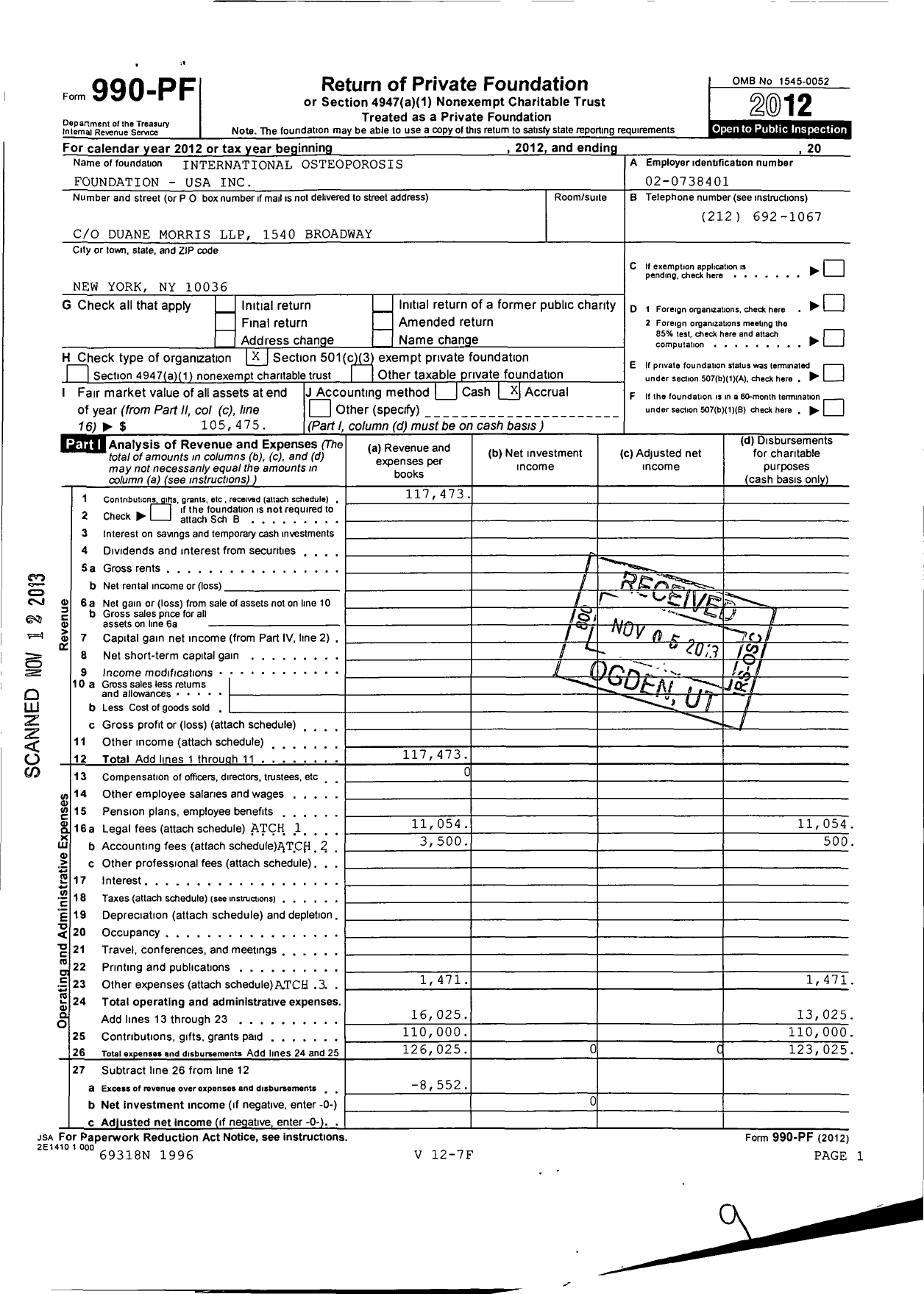 Image of first page of 2012 Form 990PF for International Osteoporosis Foundation USA